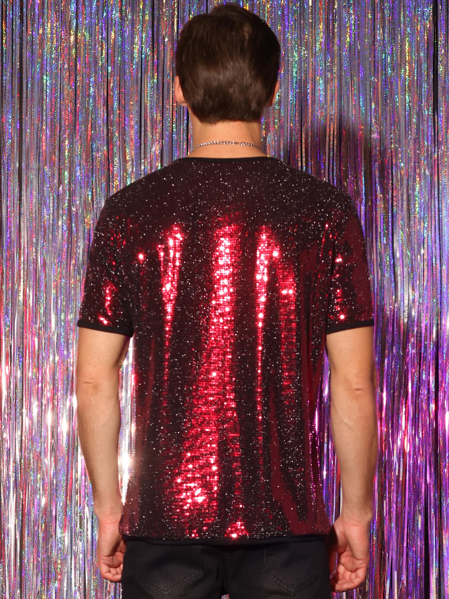 Lars Amadeus Camicie con paillettes da uomo a maniche corte girocollo magliette per feste in discoteca
