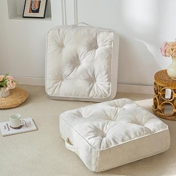 HIGOGOGO 6 Extra Thick Floor Pillow Cushion for Adults, Meditation Cushion Pillow with Handle, Lustrous Chenille Tufted, Square Floor Sitting for Tatami Living Room or Yoga, 22x22 Inch, 2Pack, Beige