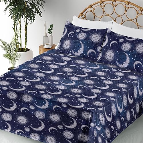 Miniatura 6 de Ambesonne Boho Art Sheet Set, Astrology Inspired Sun and Moon Outer Space Galaxy Night Pattern, Fitted and Flat Sheet with Pillowcases Bedding