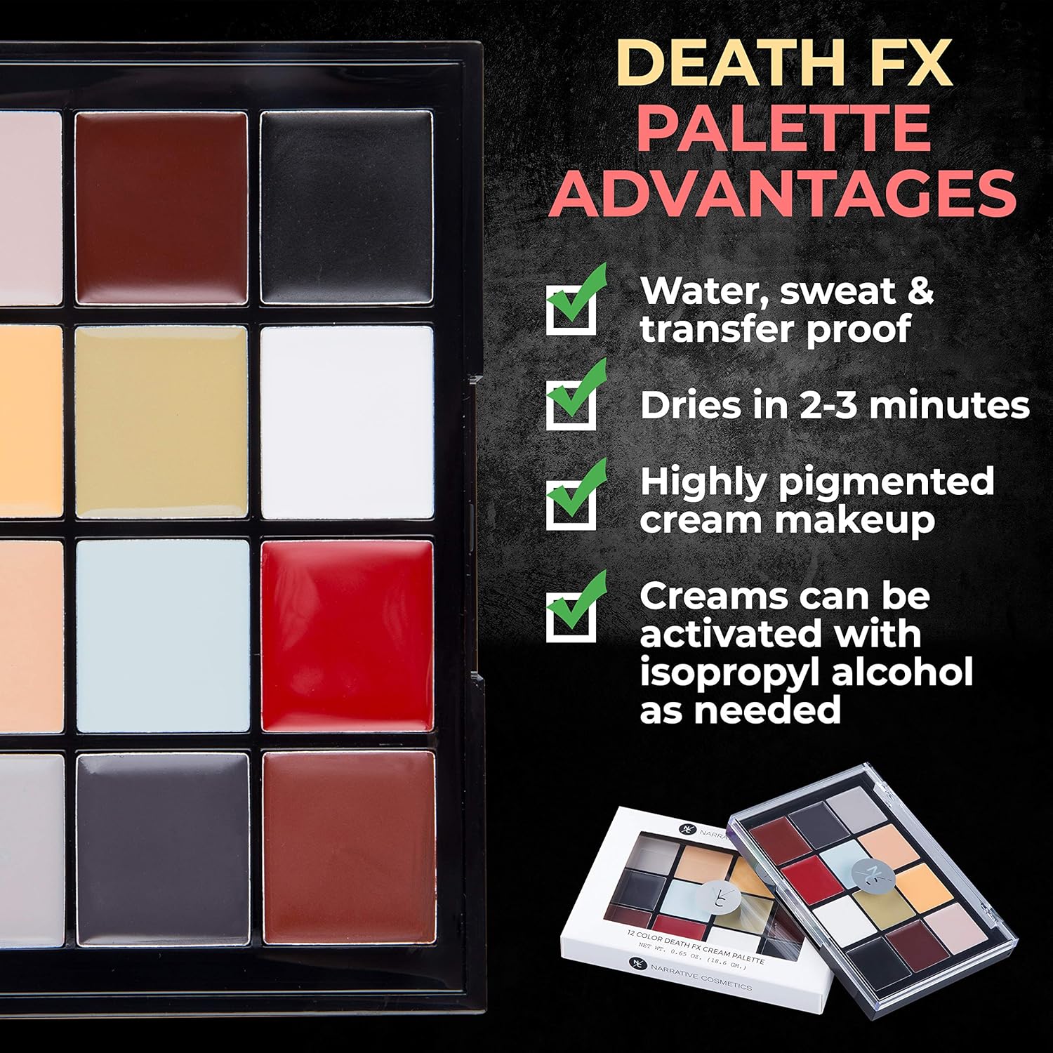 Narrative Cosmetics 12-Color Death FX Cream Palette, Professional Quick Drying Waterproof SFX Makeup for the Stage, Film, Costumes, Cosplay, Halloween - Image 3