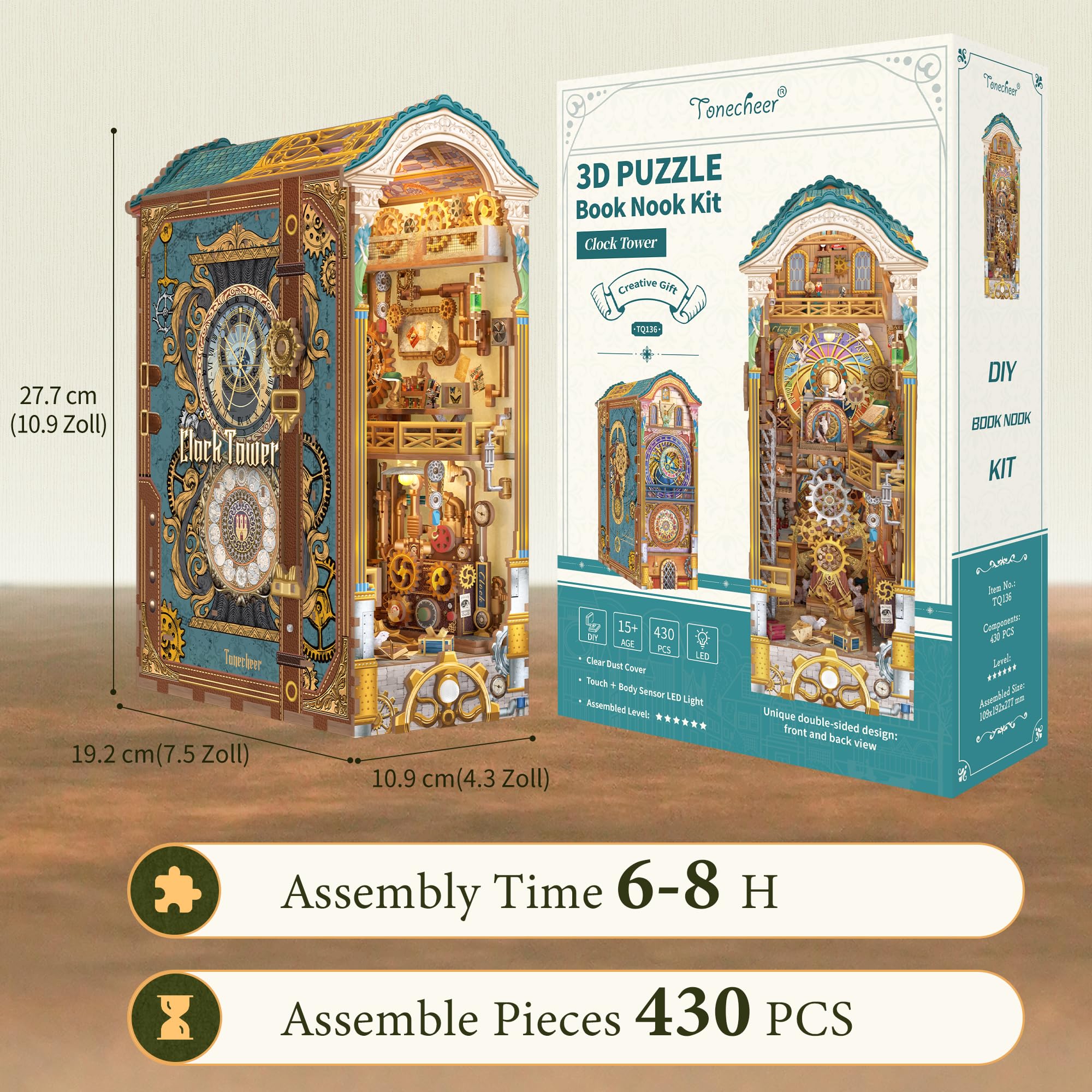 Tonecheer Book Nook Kit con protezione antipolvere e luce LED, Torre dell'orologio 3D puzzle fermalibri in legno, parti mobili e rotanti, fermalibri creativi per biblioteca, set fai da te per adulti