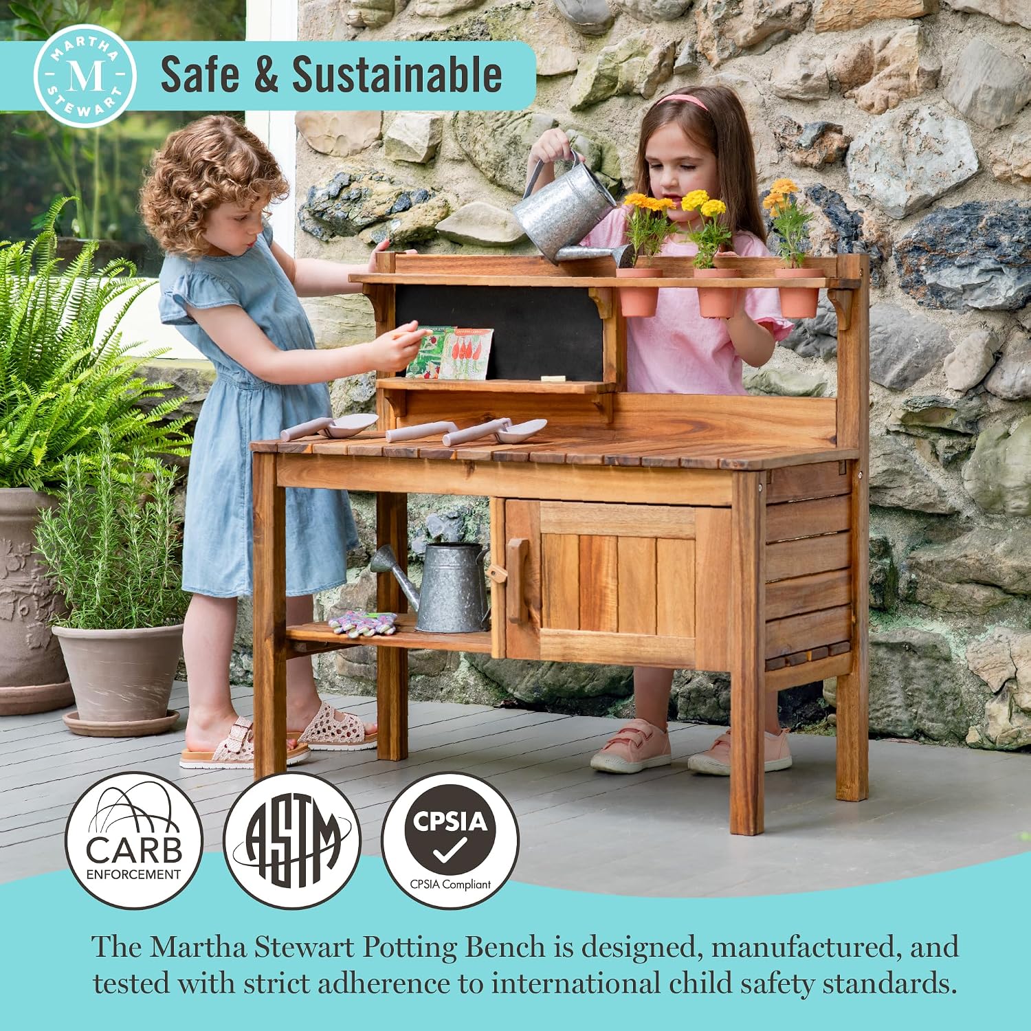 Martha Stewart Kids' Outdoor Potting Bench: Wooden Mud Kitchen Playset w/ Pots, Gardening Tools, Chalkboard, Removable Sink | Kids' Pretend Play Furniture, Sensory Mud Table w/ Storage for Backyard