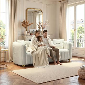 Modern Lambswool Loveseat Sofa Couch for Living Room, 84" Comfy Upholstered 3 Seater Sofa Couch with Gold Metal Legs & 2 Pillows, Luxury Sectional Sofa for Bedroom Office Apartment Creamy-White