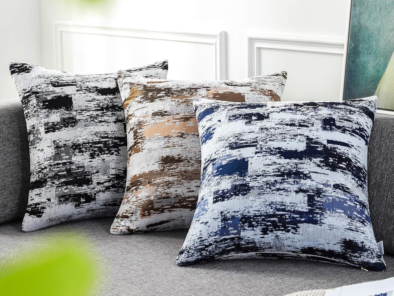 AmHoo Pack of 2 Chenille Abstract Plaid Throw Pillow Covers Art Decorative Square Accent Pillowcase for Cushion Bed Sofa 20x20 Inch Grey