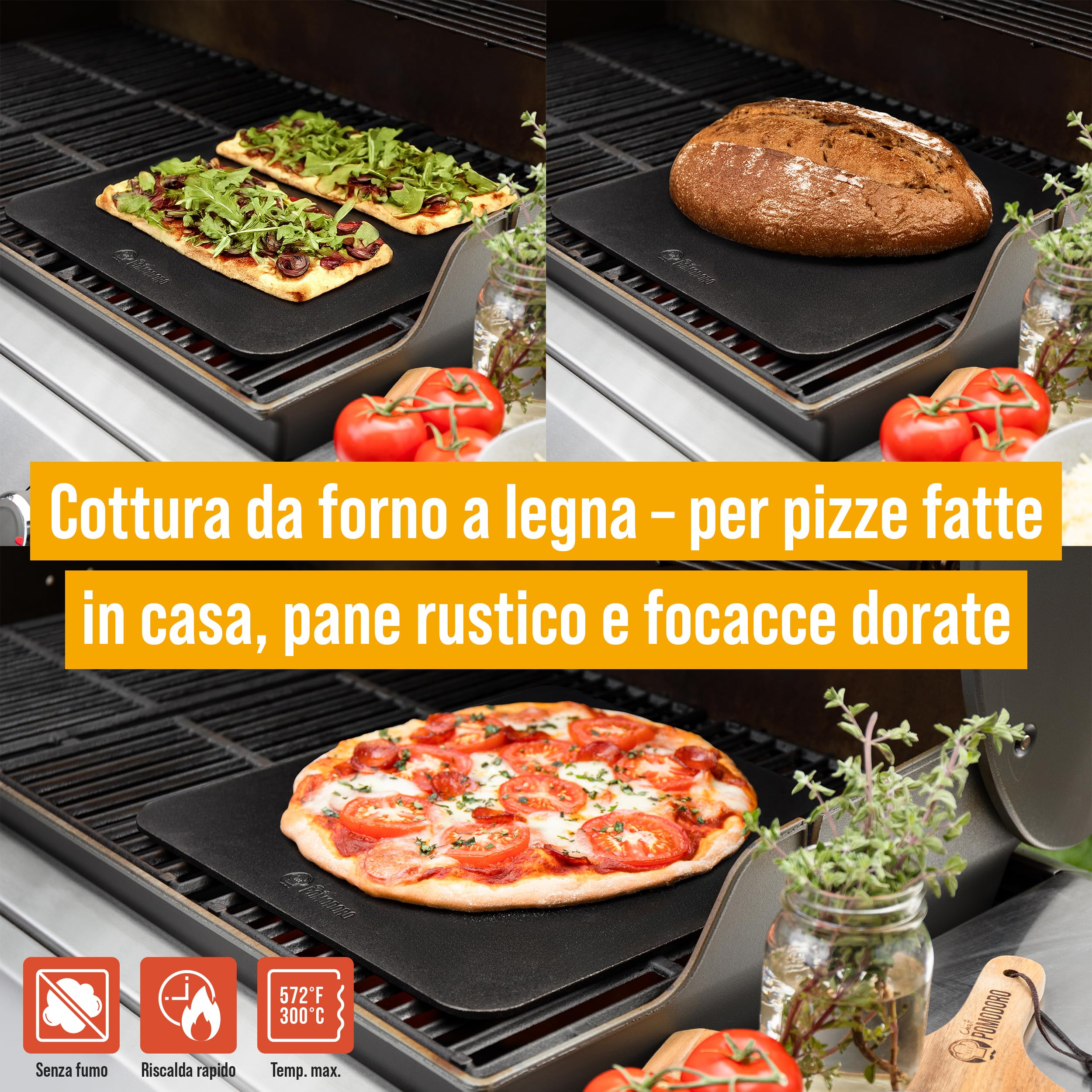Chef Pomodoro Pietra Refrattaria per Pizza da Forno 40,6 x 40,6 cm, (6,35 mm), Pietra Pizza Barbecue, Piastra Forno Refrattaria, per forno elettrico di casa, in acciaio con fori per sollevamento