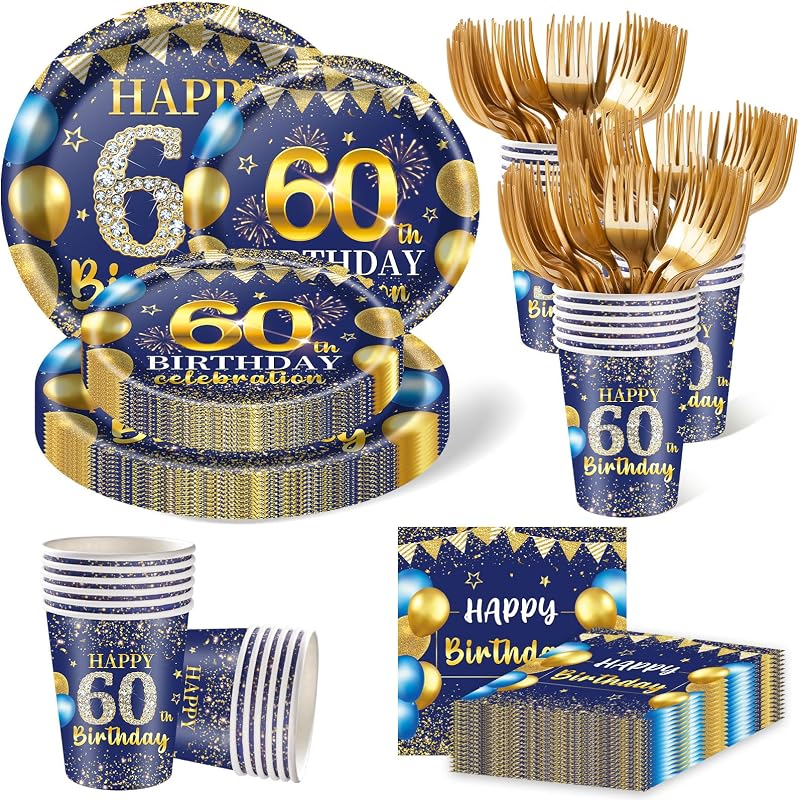 250PCS 60th Birthday Party Decorations for 50 Guests | 60 Years Old Party Supplies for Men Disposable Paper Plates, Napkins, Cups, and Disposable Plastic Cutlery