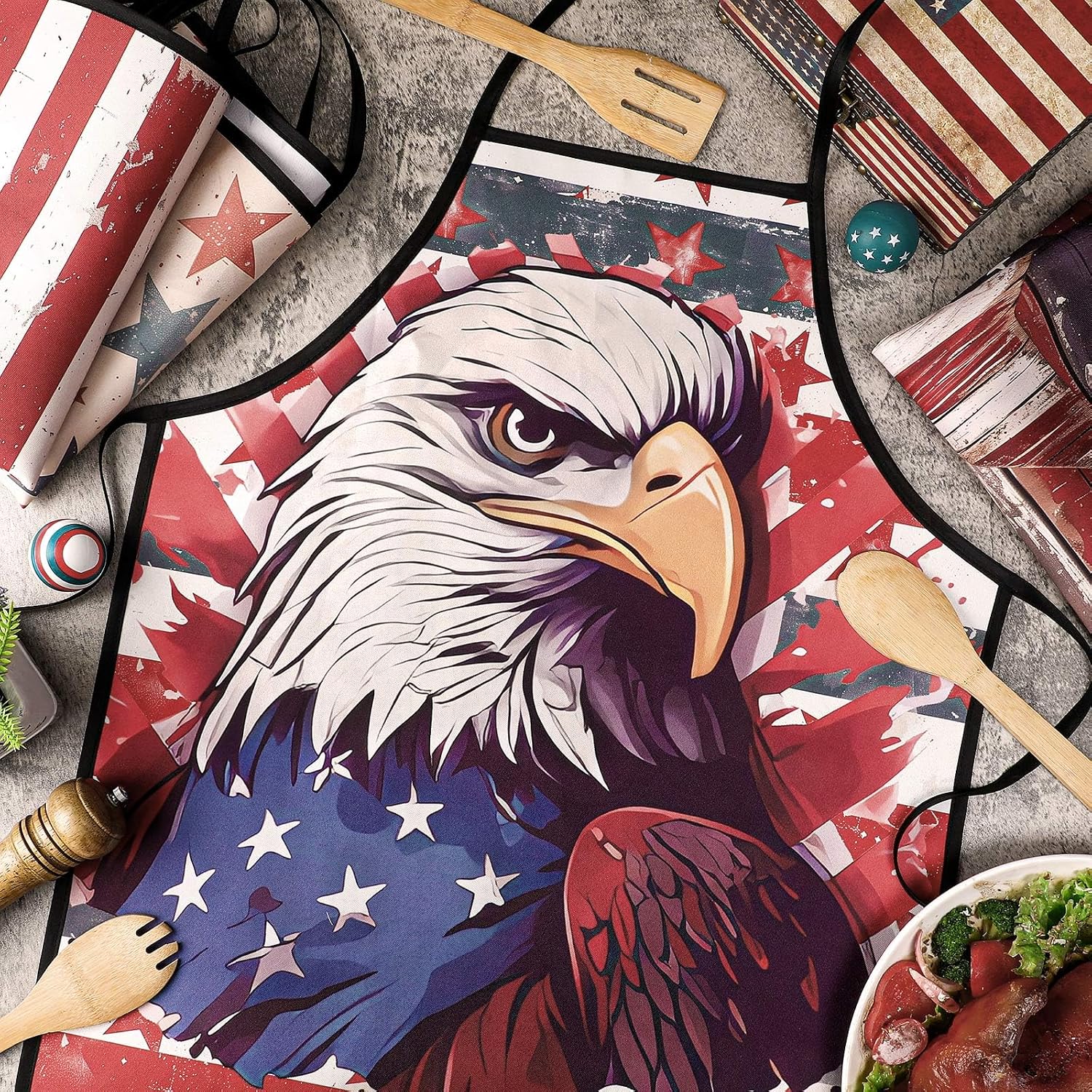 8 Pcs American Flag Apron for Women Patriotic 250th Anniversary 4th of July Vintage Red White and Blue Kitchen Apron with Adjustable Neck Strap for Holiday BBQ Bib Funny Chef Women