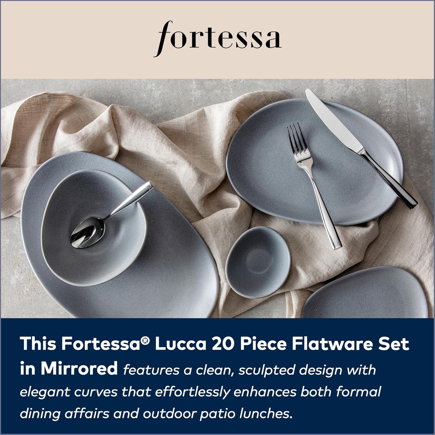 FORTESSA Lucca 18/10 Stainless Steel Flatware, 20 Piece Place Setting With Table Knives, Forks and Spoons (Service For 4), Dishwasher Safe, Polished