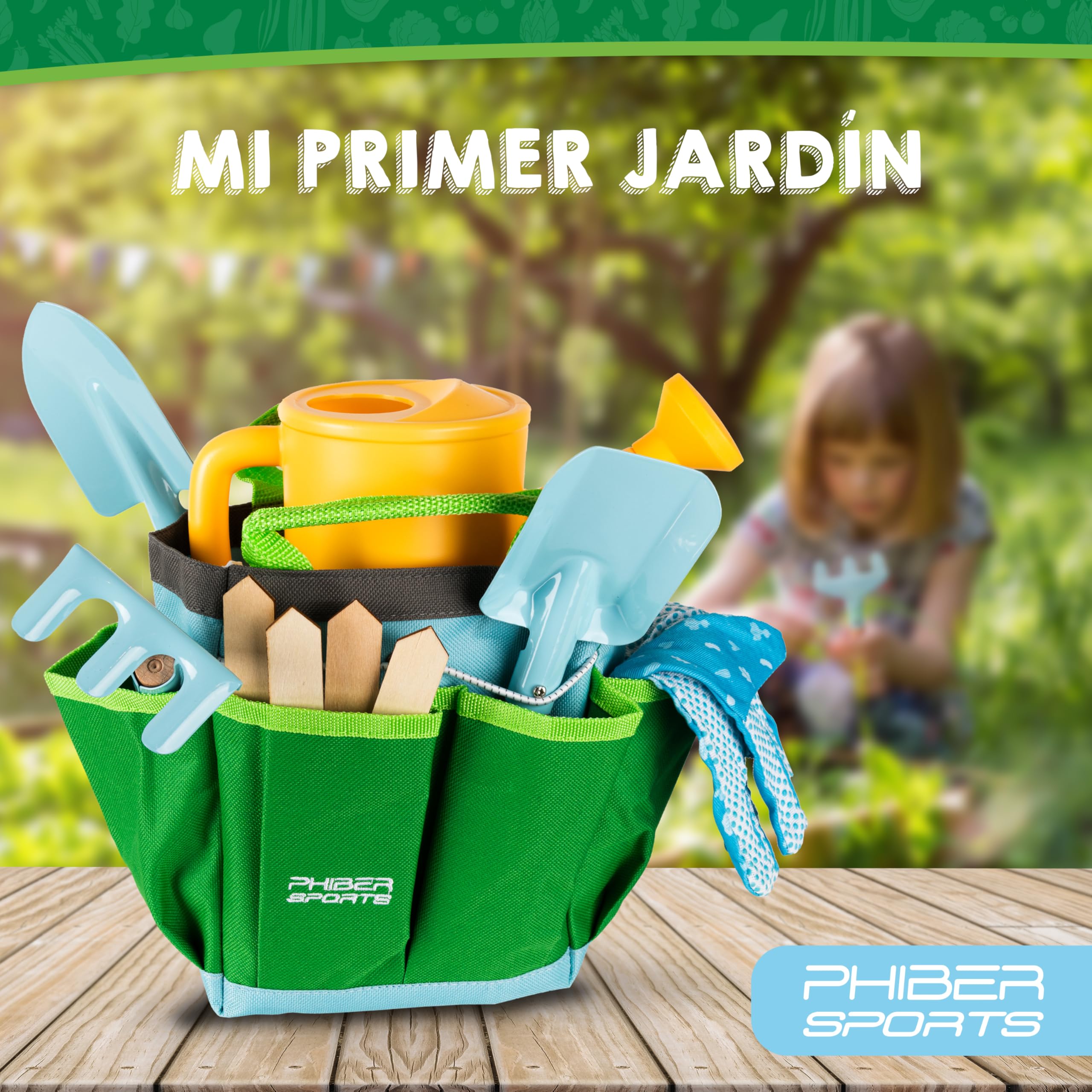 PHIBER-SPORTS Juego de Herramientas de jardín para niños (11 Piezas) - Herramientas de jardinería para niños a Partir de 3 años - Herramientas de Metal, regadera, Guantes de jardín, Bolsa