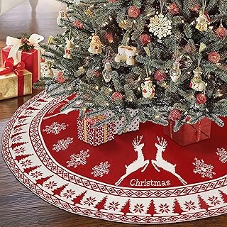OurWarm Christmas Tree Skirt 48 Inches, Knit Tree Skirt with Snowflake & Reindeer, Red and White Double-Sided Rustic Xmas Tree Skirt Christmas Decorations for Party Indoor Christmas Tree Decoration