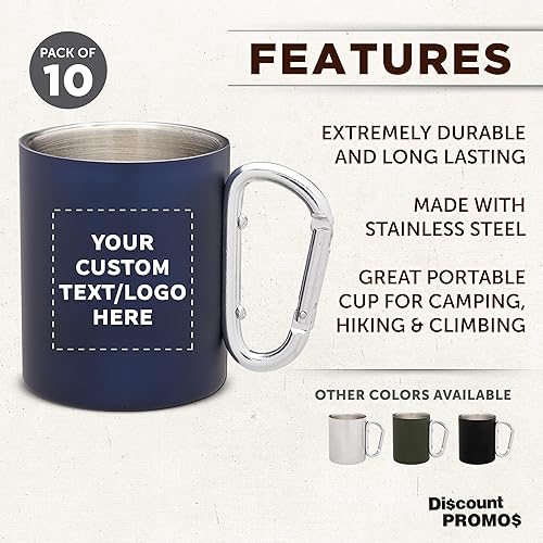 Miniatura 2 de Tazas personalizadas de acero inoxidable con asa de mosquetón, 10 onzas, juego de 10, paquete personalizado a granel, perfectas para café