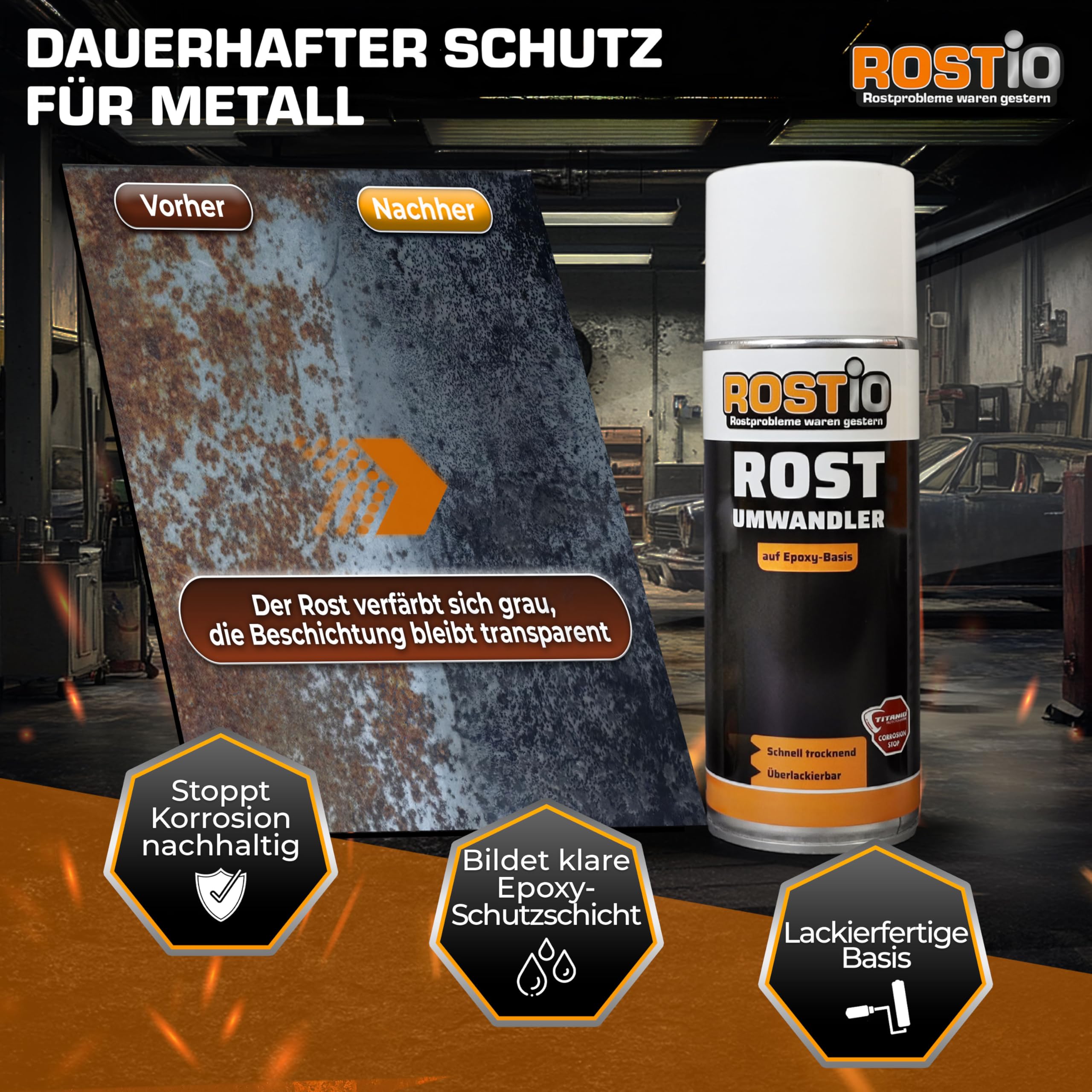 Rostio Rostumwandler Spray 3 x 400 ml – Rostkonverter & Korrosionsschutz – Rostentferner farblos – überlackierbar nach ca. 120 Min – Epoxidharz-Basis – temperaturbeständig bis 180 °C