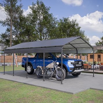 12x20 FT Metal Carport with Enhanced Base Heavy-Duty Galvanized Steel Shelter for Cars, Boats, Trucks, and SUVs, All-Weather UV-Resistant Roof