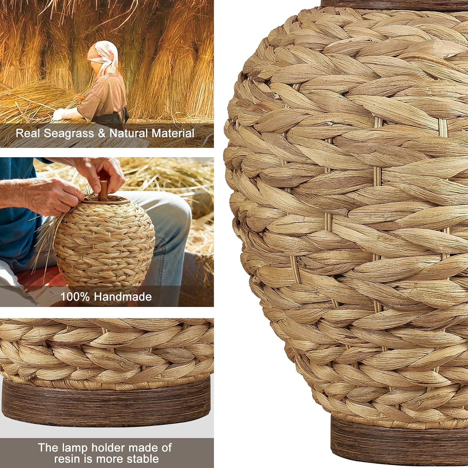 26" Natural Rattan Table Lamp, Farmhouse Rustic Seagrass Woven Bedside Lamp with Linen Shade, Coastal Boho Decor for Living Room, Bedroom, End Table,1 Pack