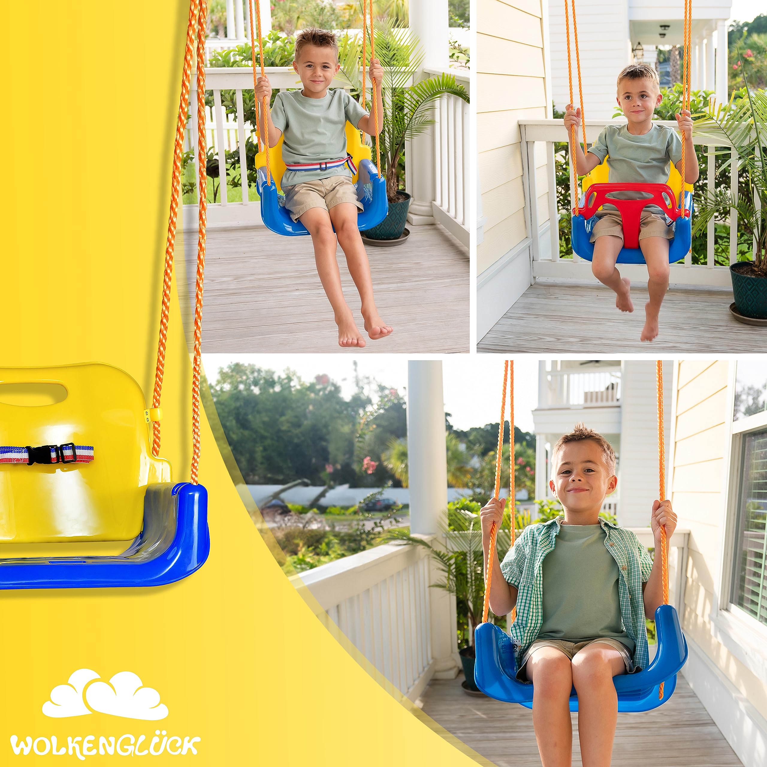 WOLKENGLÜCK® Babyschaukel 3 in 1 [6 Monaten bis 6+ Jahre] | Mitwachsende Kinderschaukel für Outdoor & Indoor | Hochwertige Schaukel inkl. Rückenlehne & Anschnallgurt
