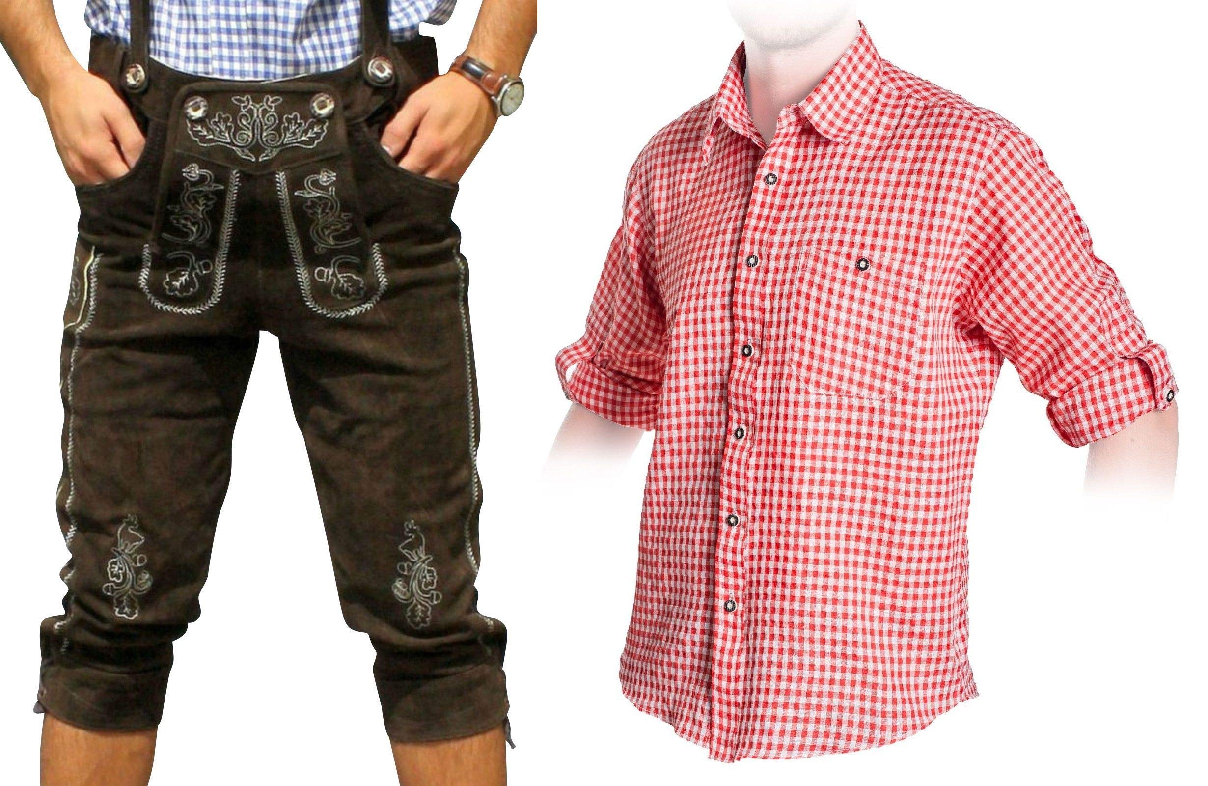 Herren Trachten Set B Trachten Lederhose Dunkelbraun 46-60 + Trachtenhemd Oktoberfest (Hose 56 Hemd L)