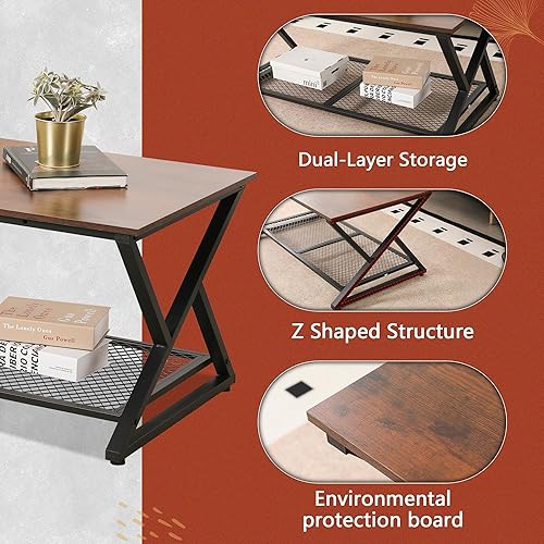 Miniatura 5 de SENIG - Mesa de café con estante de almacenamiento, mesas de sala de estar industriales de metal y madera, mesa de centro rectangular de 39