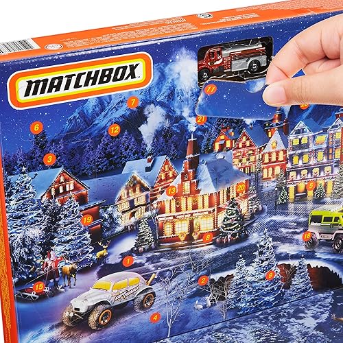 Miniatura 2 de Calendario de Adviento Matchbox con 24 sorpresas que incluyen 11 autos a escala 1:64 con decoraciones y accesorios auténticos y temáticos navideños,