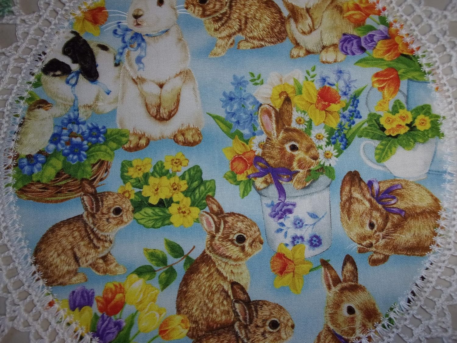 Easter Doily Bunny Rabbits Spring Flowers 16 Inch Fabric Doilies Handmade Lace Table Topper Centerpiece Crocheted Edge Gift