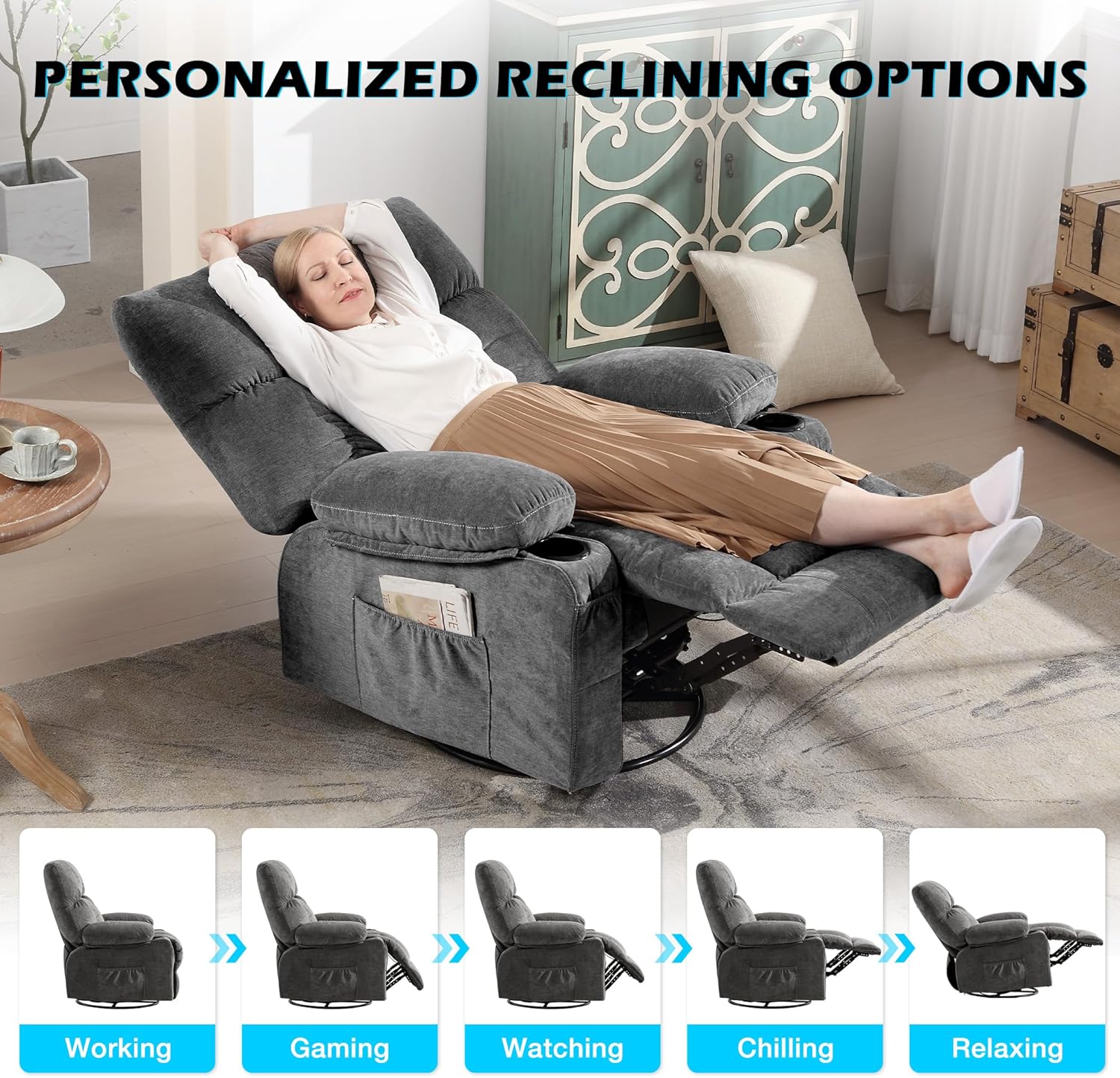 MAHOMICO Recliner Chair Oversized Swivel Rocker with Vibration Massage & Lumbar Heating, 360° Swivel, USB Charging Port, Cup Holders & Side Pocket for Living Room