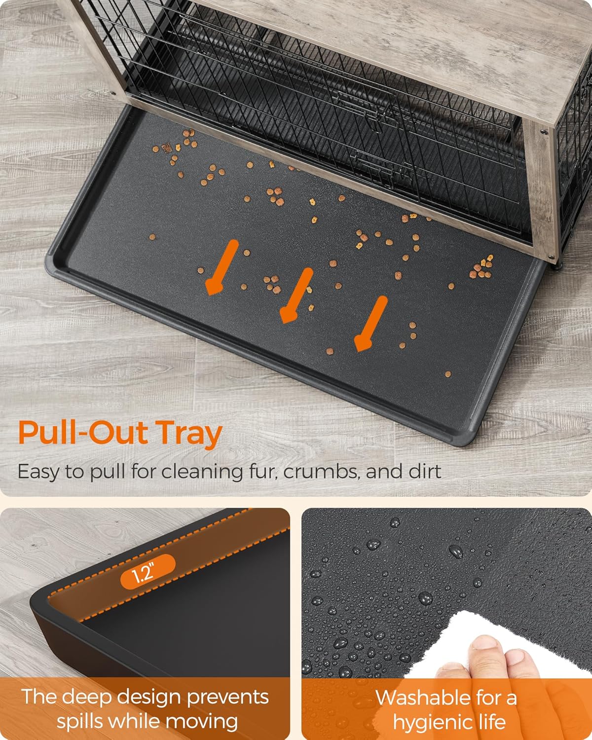 Feandrea 44.1" Dog Crate Furniture, Indoor Dog Cage Side End Table, XL Pet Wood Kennel for Large and Medium Dogs up to 80 lb with Multi-Purpose Removable Tray, Double-Door Pet House, Greige