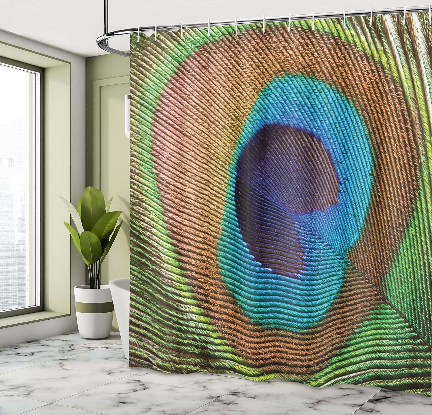 Ambesonne Peacock Shower Curtain, Macro Size Peafowl Feather Plume Realistic Exotic Animal Themed Pattern, Cloth Fabric Bathroom Decor Set with Hooks, 69" W x 84" L, Brown Green