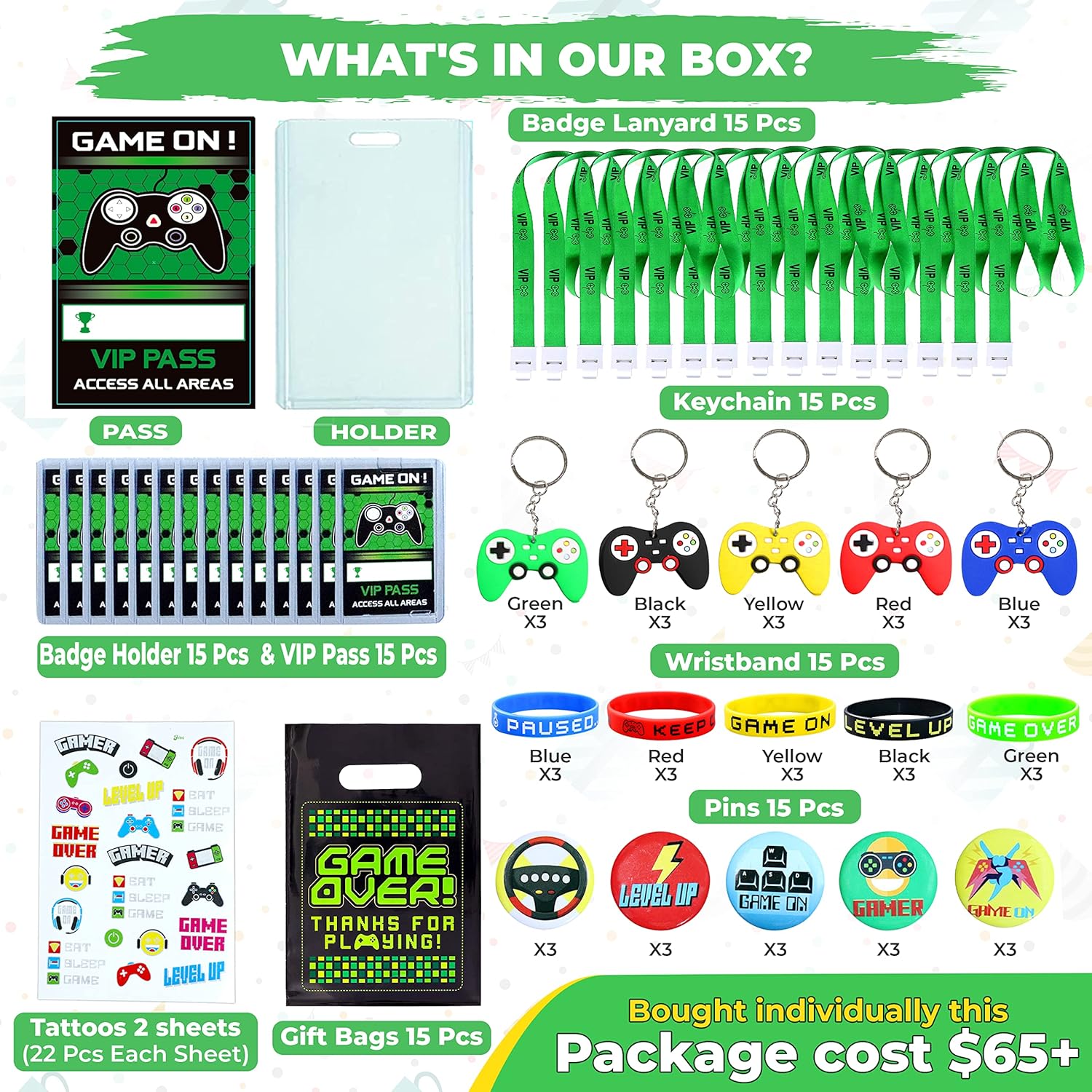 136 Pcs Video Game Party Favors for Kids, Gaming Party Favors - 15 set of VIP Pass Holder Keychain Wristband Button Pins Treat Bags Tattoos, Game On Themed Gamer Boys Birthday Goodie Bag Fillers : Toys & Games