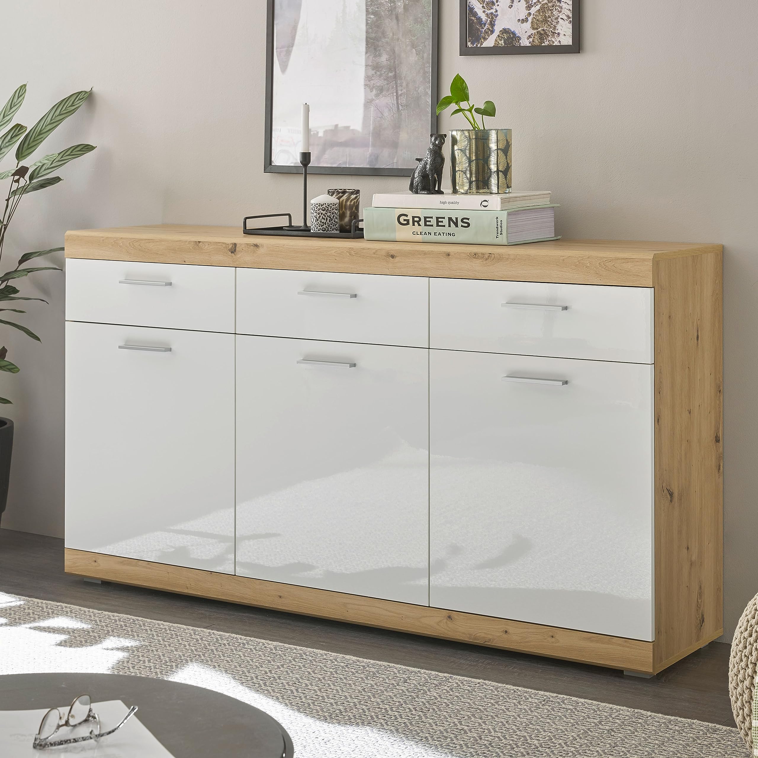 NOLA Sideboard in Artisan Eiche Optik, Weiß Hochglanz - Moderne Kommode mit Schubladen und viel Stauraum - 165 x 91 x 38 cm (B/H/T)