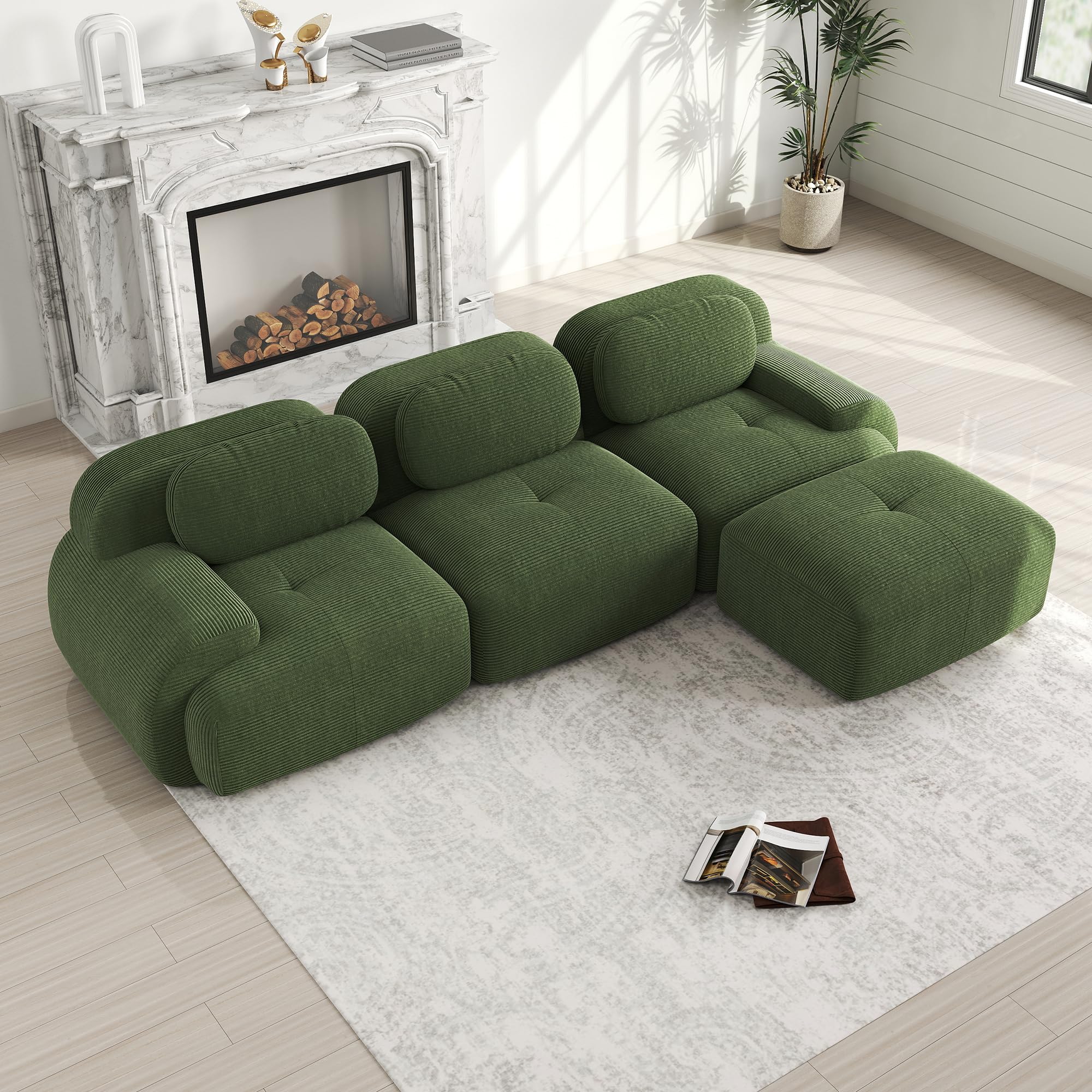 Bladez Sofá moderno de cuerda de 3 plazas Modular sofá esquinero en forma de L con puf Otomano, Sin montaje, sofá Cloud combinable, para salón (Verde, 3 plazas+1)