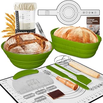 BICRET Sourdough Ferment Set 15-Piece Bread Baking Accessories with Proofing Basket Wheat Pattern Fermentation Glass Thermometer Proofing Basket Bread Silicone Set Dough Knife Gift for Beginners Green