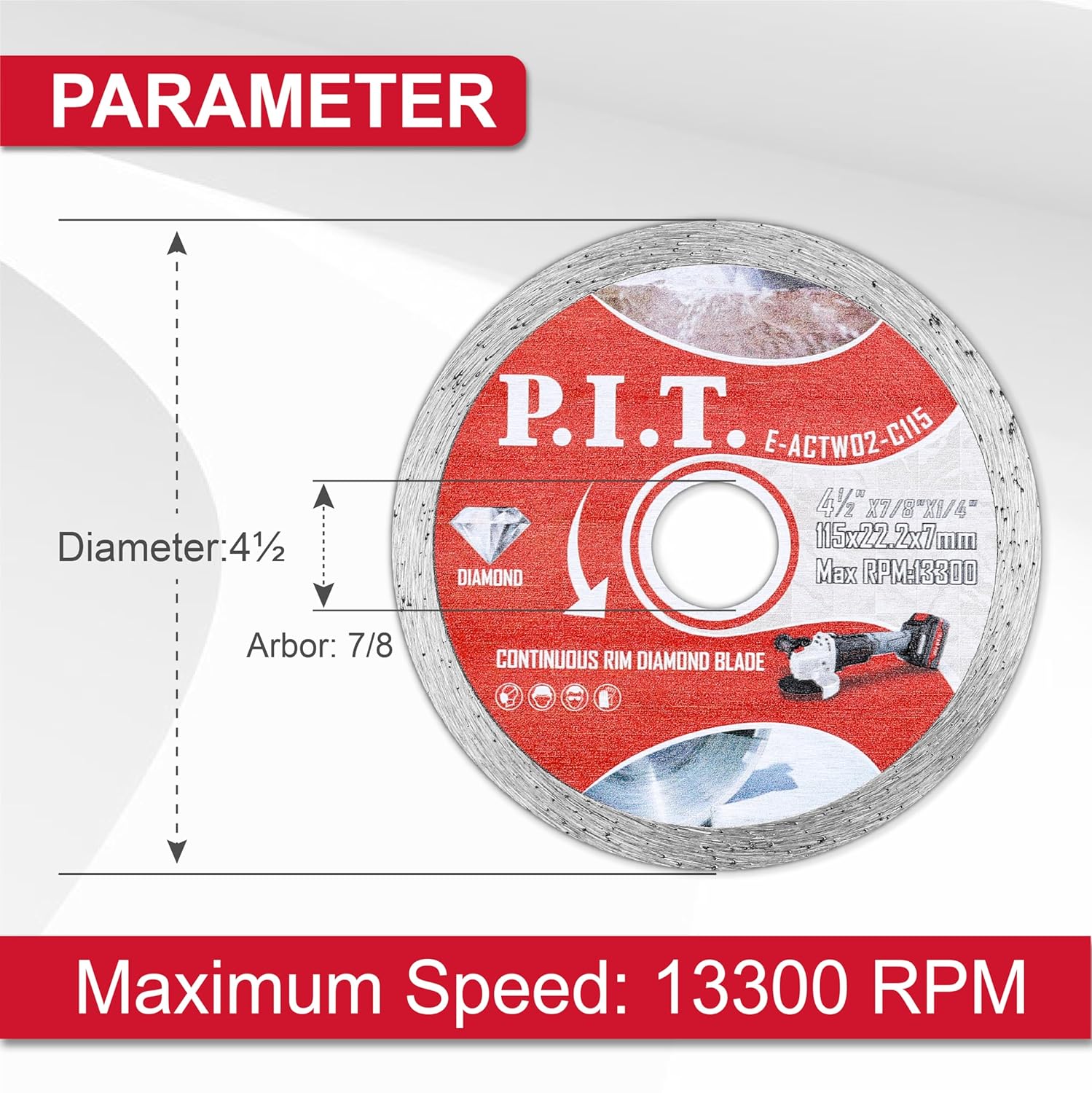 P.I.T. 6-Pack 4-1/2" Continuous Rim Diamond Circular Saw Blade, 7/8 Inch Arbor Cutting Disc for Cutting Tile Ceramic Porcelain Marble