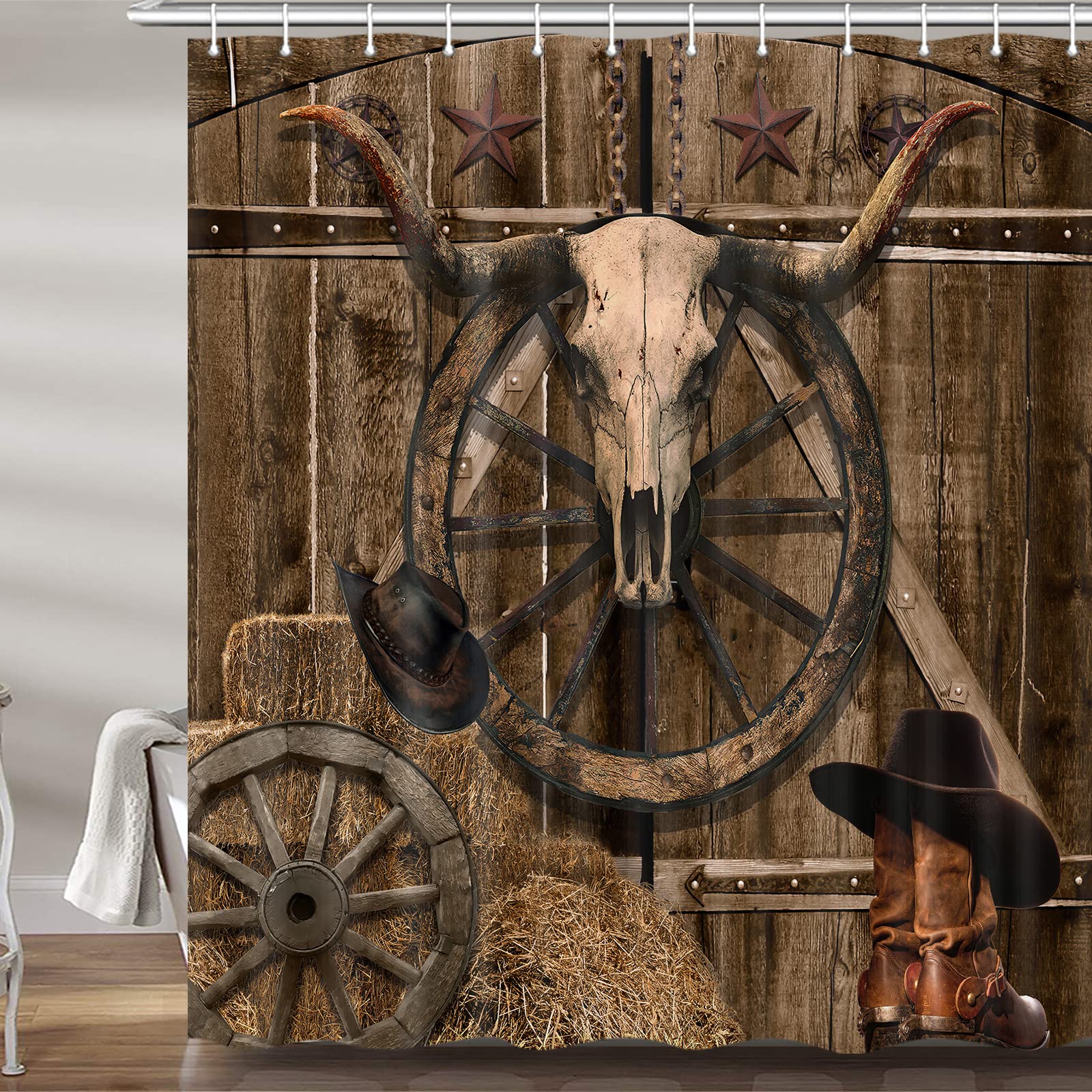 Western-Duschvorhang Mit Texas-Stern & Hufeisen – 178x178 Cm, Polyester, Wasserdicht, Inkl. 12 Haken