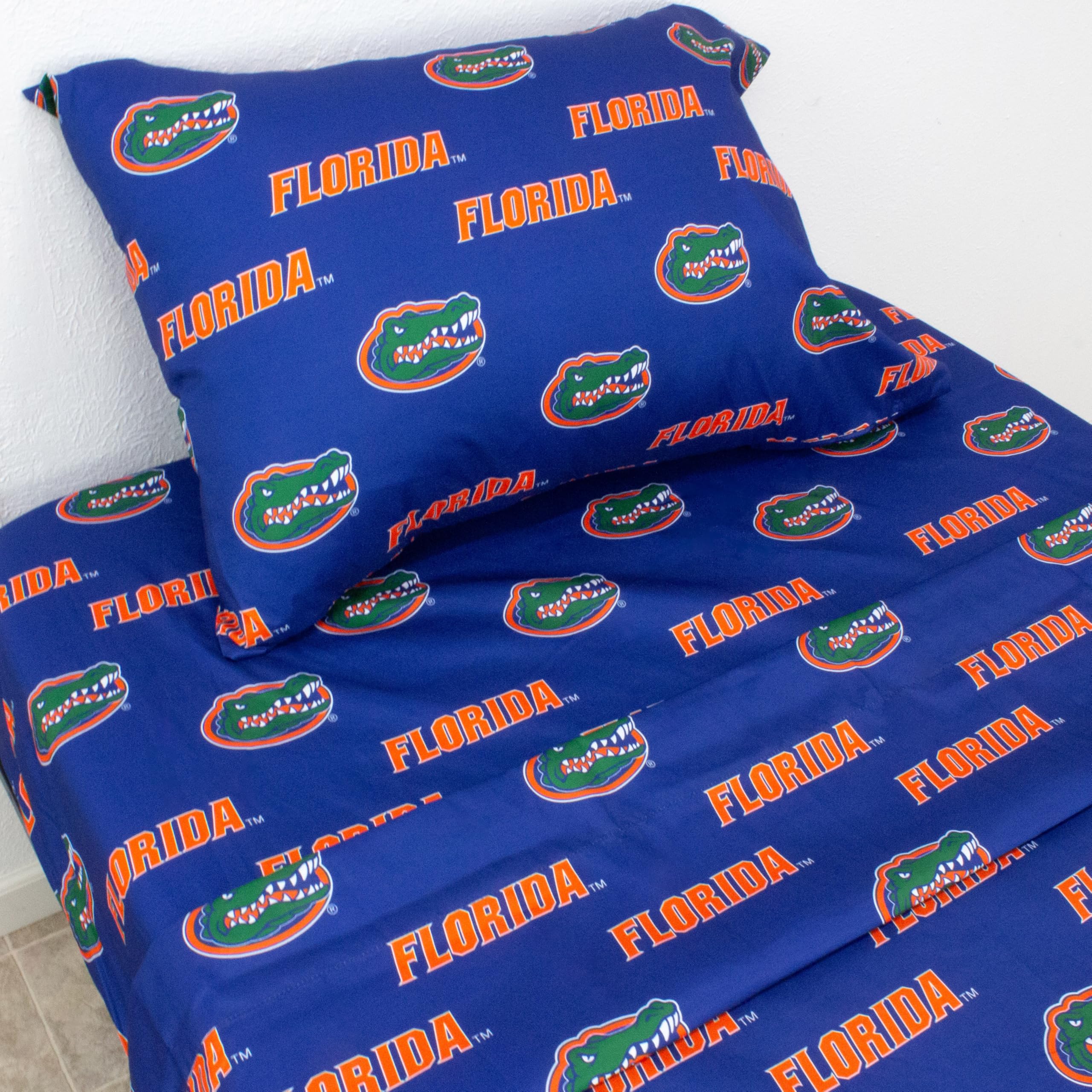 College Covers Everything Comfy Florida Gators Twin Sized 3 Piece Sheet Set, Team Color Background, 1 Flat Sheet, 1 Fitted Sheet, 1 Pillowcase