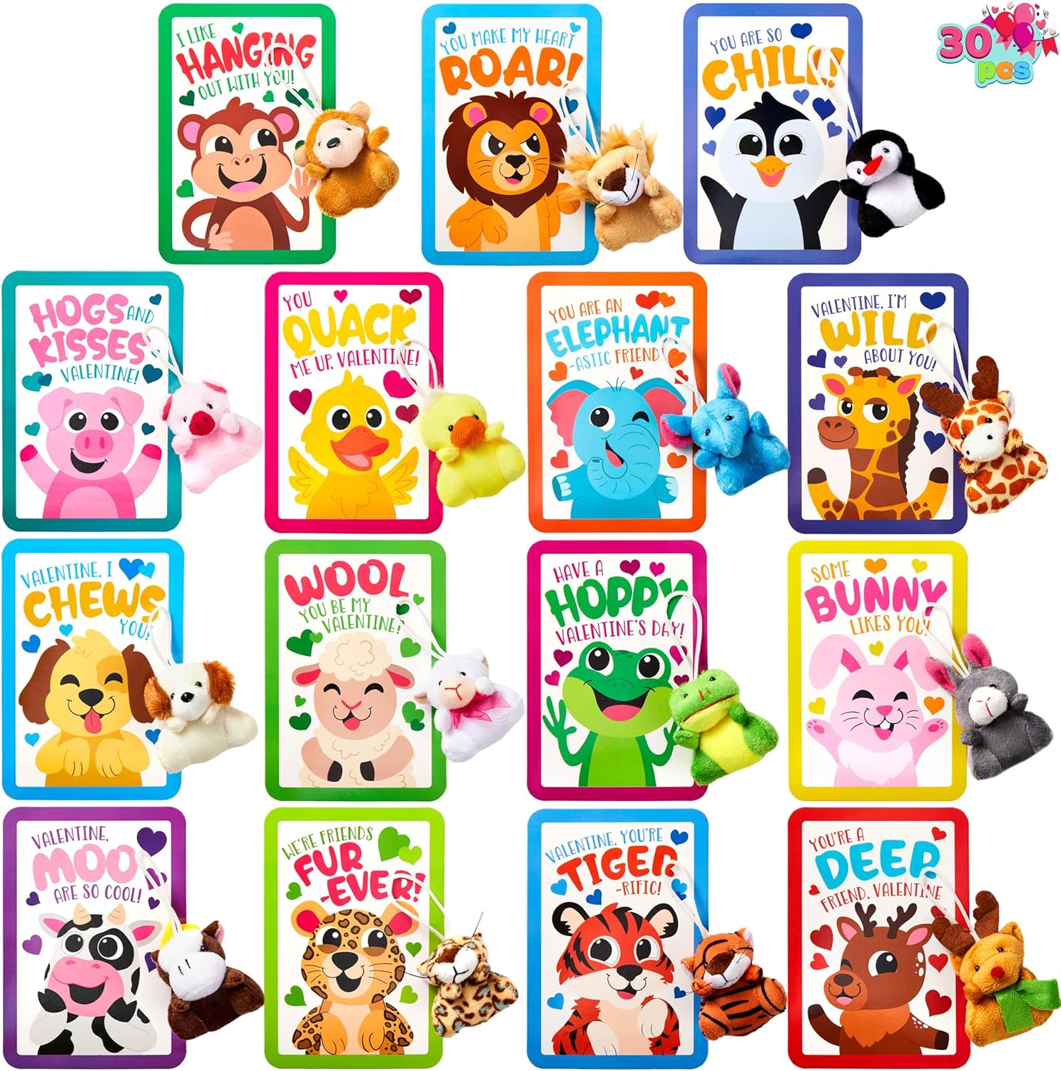 JOYIN 30 Packs Valentine's Day Gifts Cards with Plush Toy for Kids, Valentine's Plush Keychain Toy for Classroom Exchange Cards and Party Favor, Greeting Gifts, Game Prizes