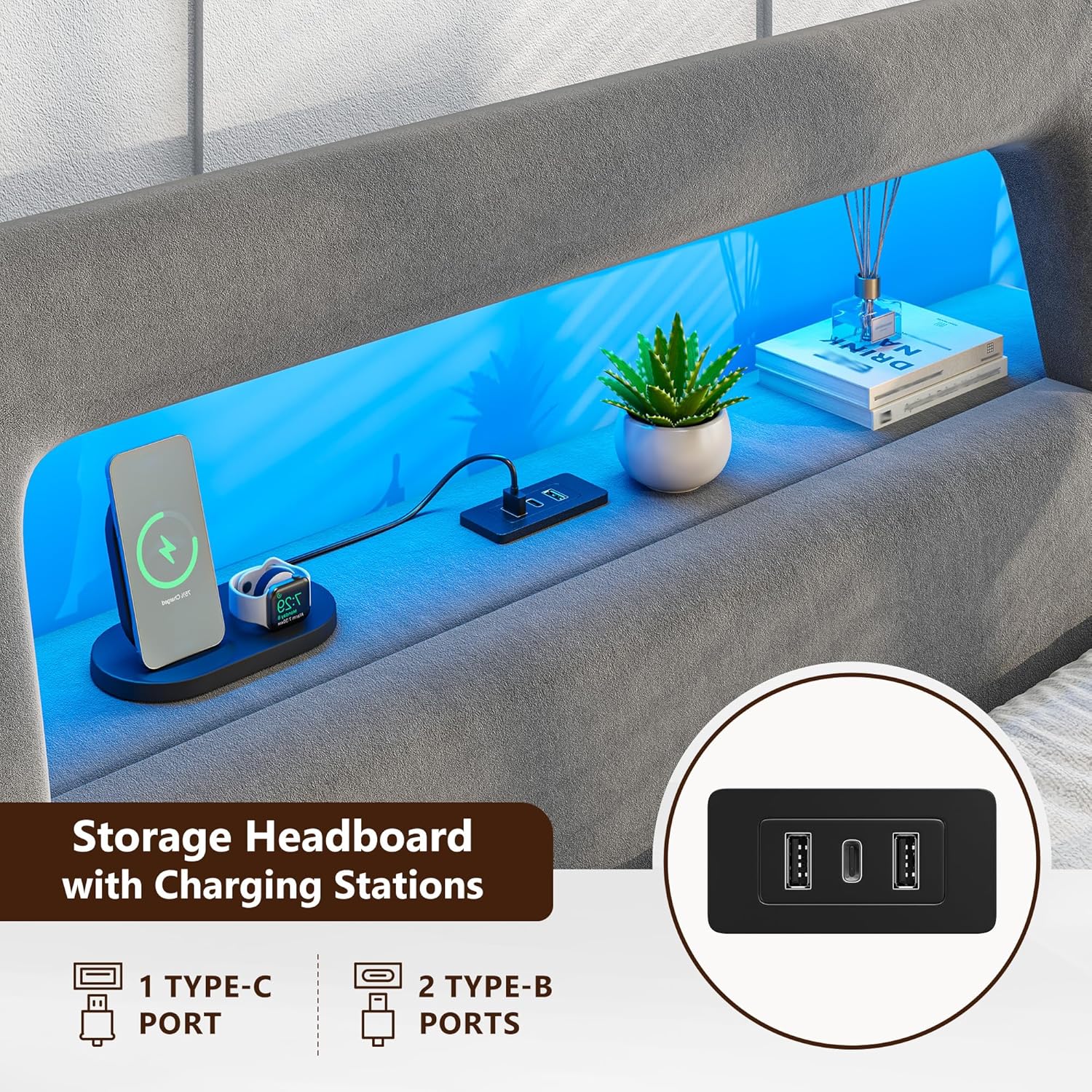 Homkdom King Bed Frame with Ergonomic Storage Headboard, Upholstered Bed Frame with LED Lights & Charging Station,Unique Open-Design,NO Noise, Easy Assembly, No Box Spring Needed,Grey