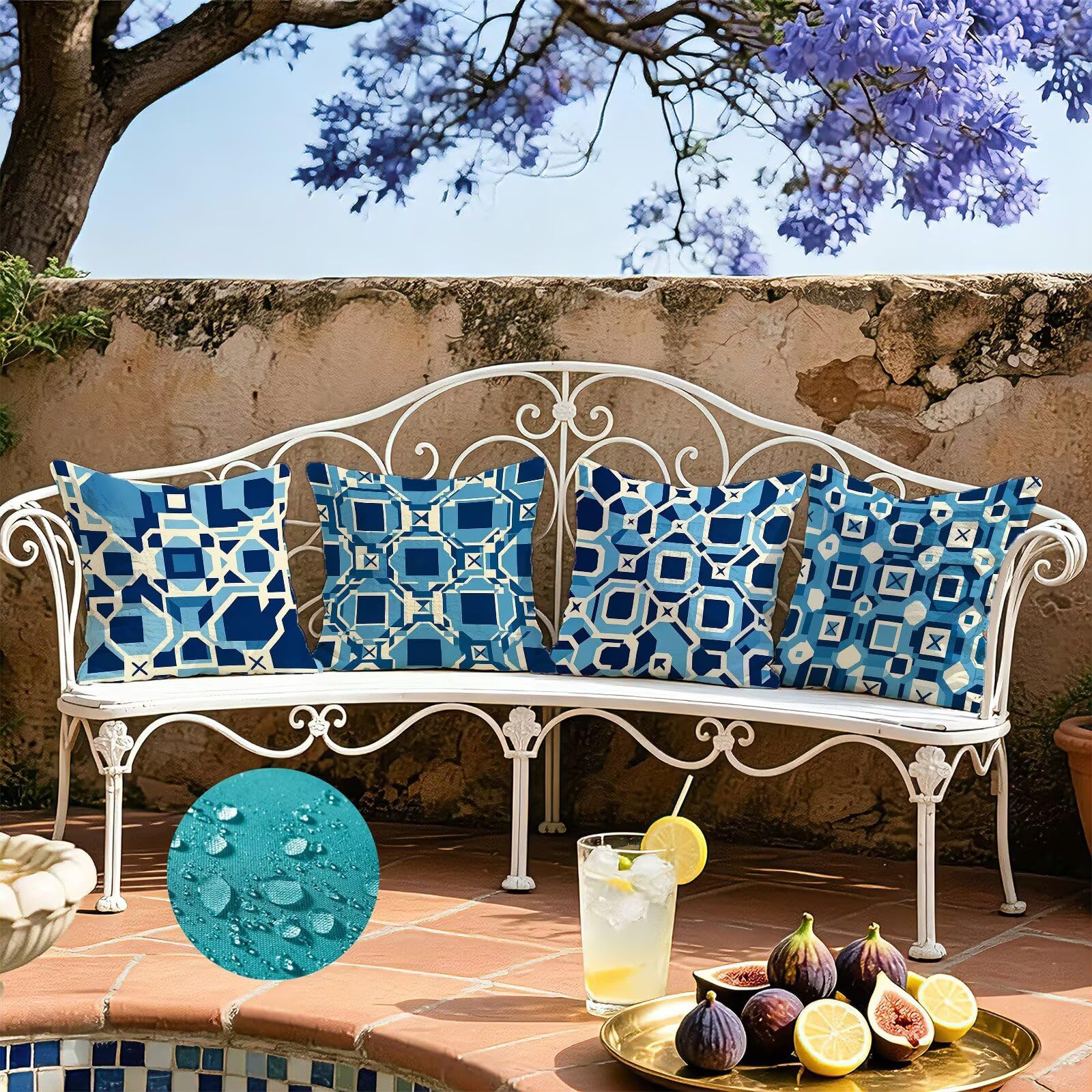 Blu Federe Cuscini Divano 50x50cm, Cuscini da Esterno Set de 4, Cod-103 | Velour Copricuscini Decorativi Letto Arredo, per Letto, Soggiorno, Giardino, Esterno, Casa Decorazione Set di 4 Geometria
