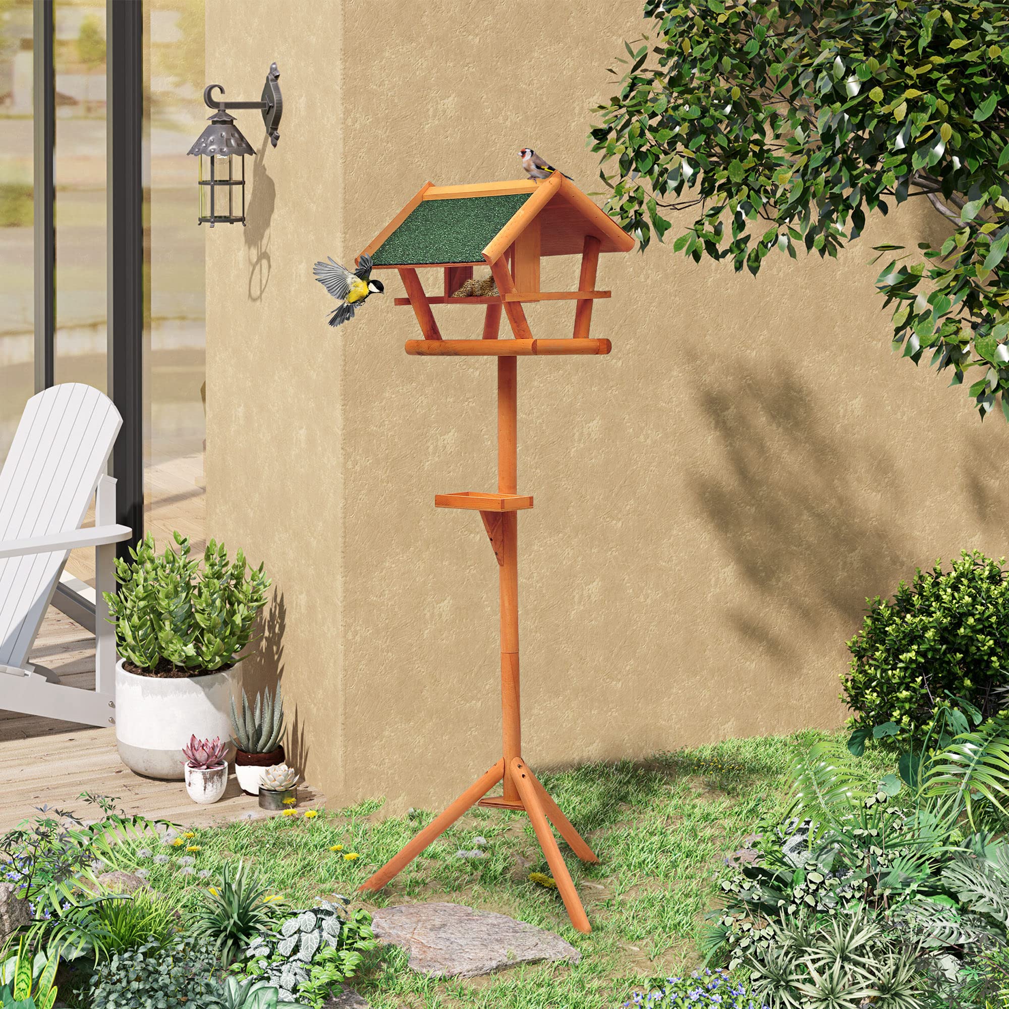 Voederstation Voor Vogels HOMCOM Vogelhuisje Op Voet - Houten Voederstation Voor Wilde Vogels (150cm) Tuindecoratie Vogels Voeden In De Winter