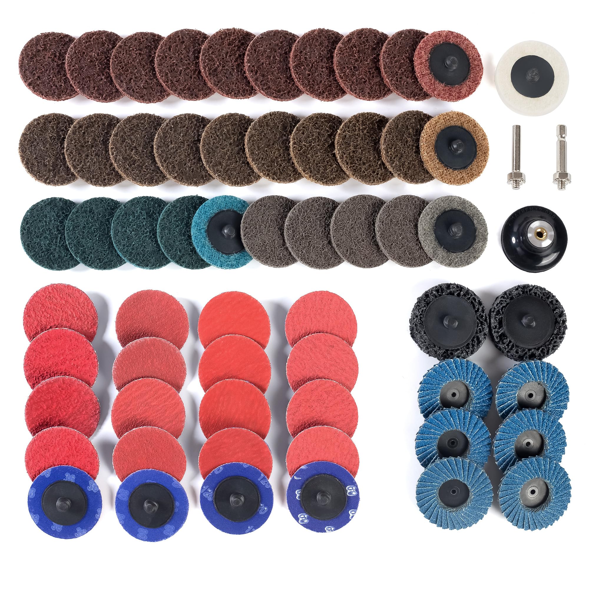 Set di 60 dischi abrasivi da 2 pollici a cambio rapido con supporto per gambo da 1/4" adatto a vari dischi di blocco per smerigliatrice ampiamente utilizzati per condizionamento superficiale,