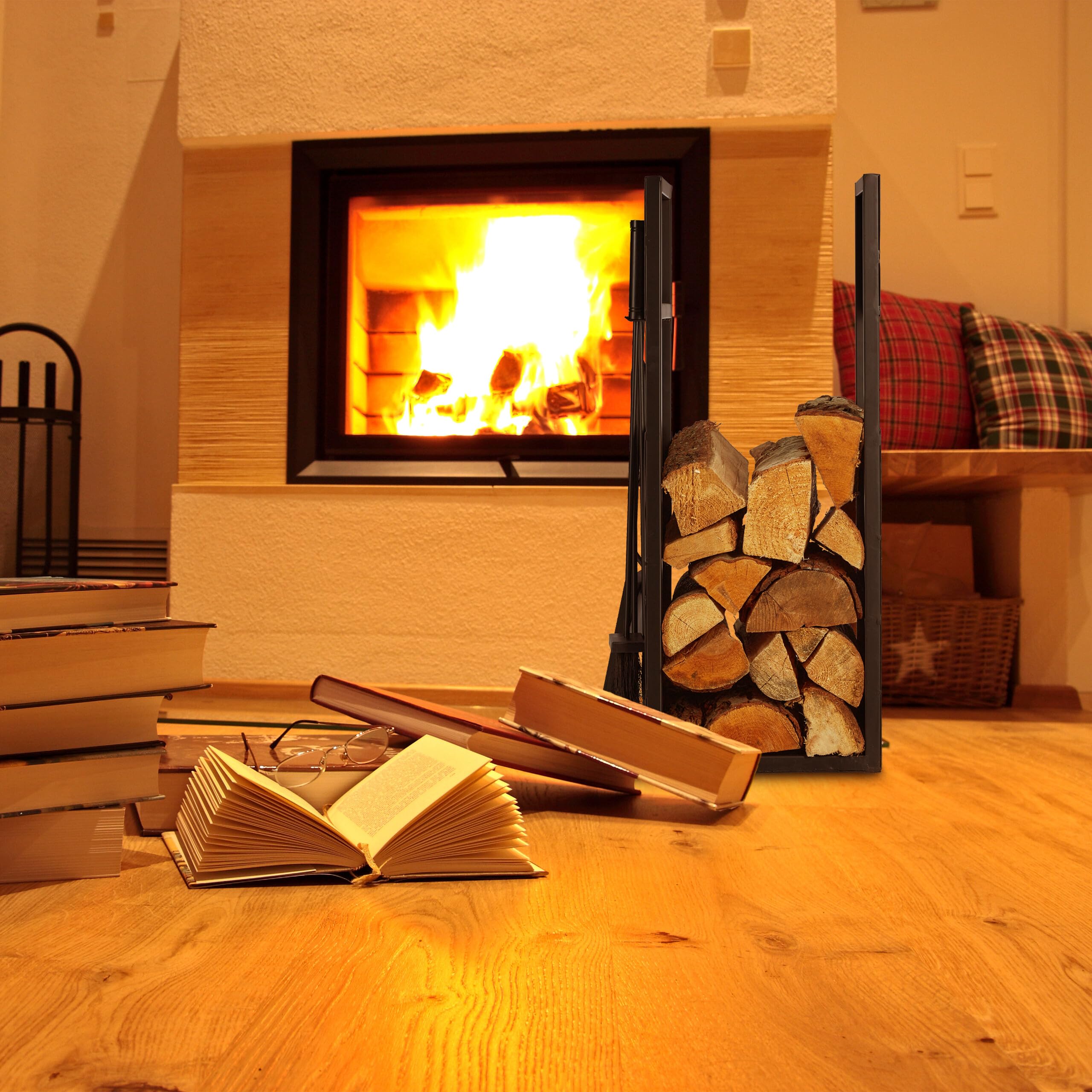 Relaxdays, czarny, regał na drewno kominkowe ze sztućcami, metal, wys. x gł.: 76,5 x 36 x 30 cm, regał na drewno opałowe, drewno, żelazo, aluminium, juta