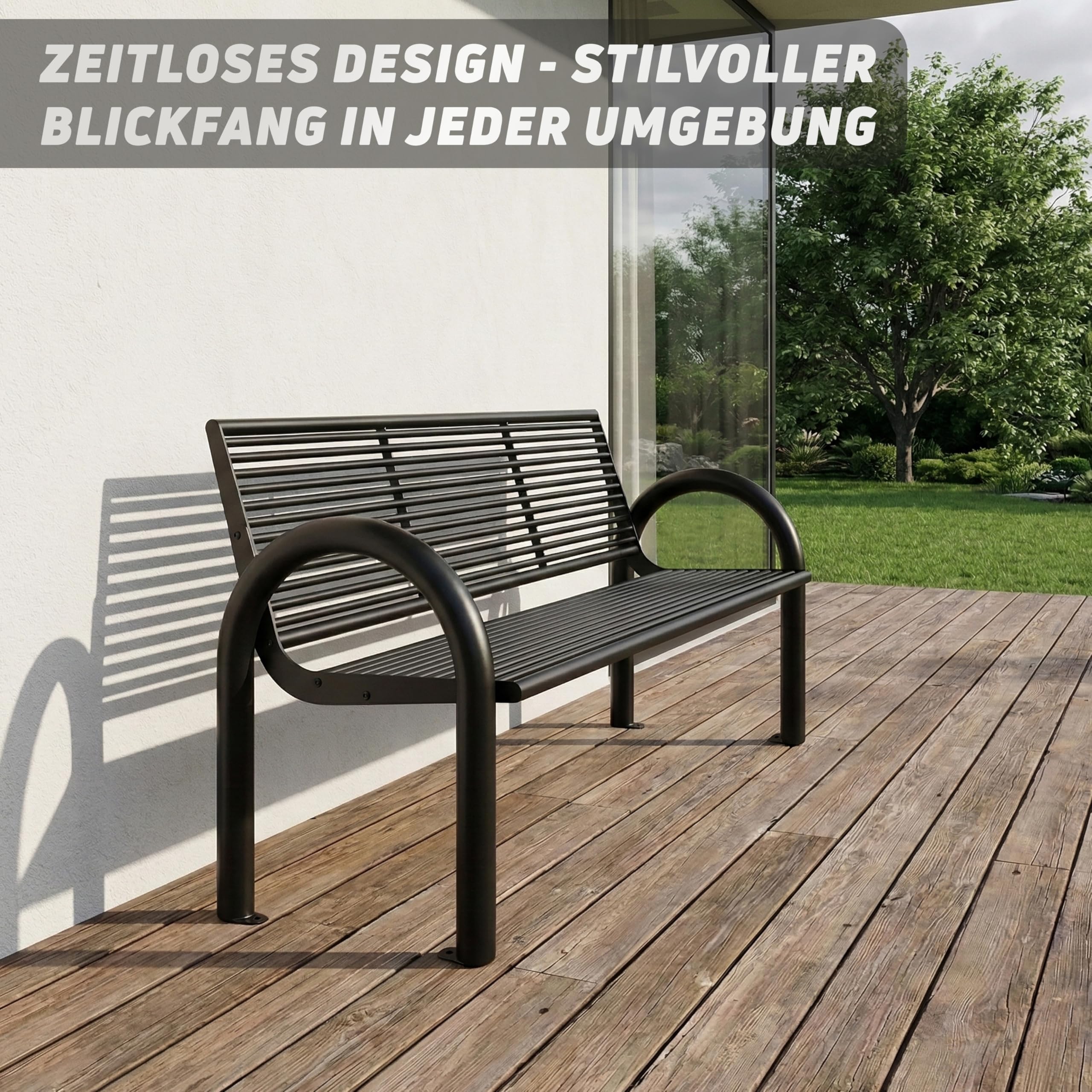 MATERIUM® Gartenbank Metall Schwarz - extra stabile Bank aus Metall mit 150 cm Sitzbreite, wetterfest & widerstandsfähig - hochwertige Sitzbank aus Stahl mit edler Pulverbeschichtung (Schwarz Matt)