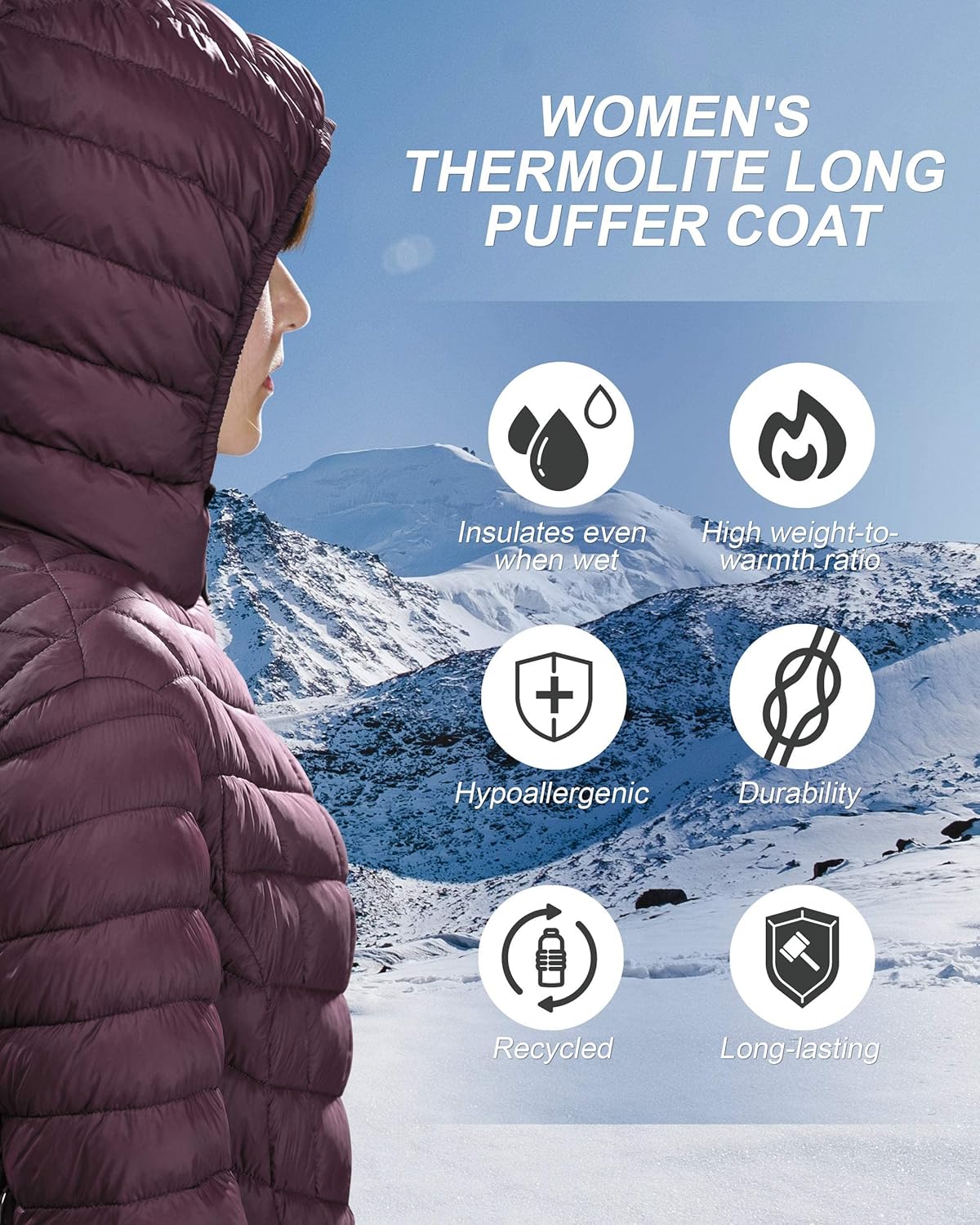 Outdoor Ventures Women's Maryan Hooded Ultra Lightweight Warm Thermolite Long Puffer Coat - Image 5