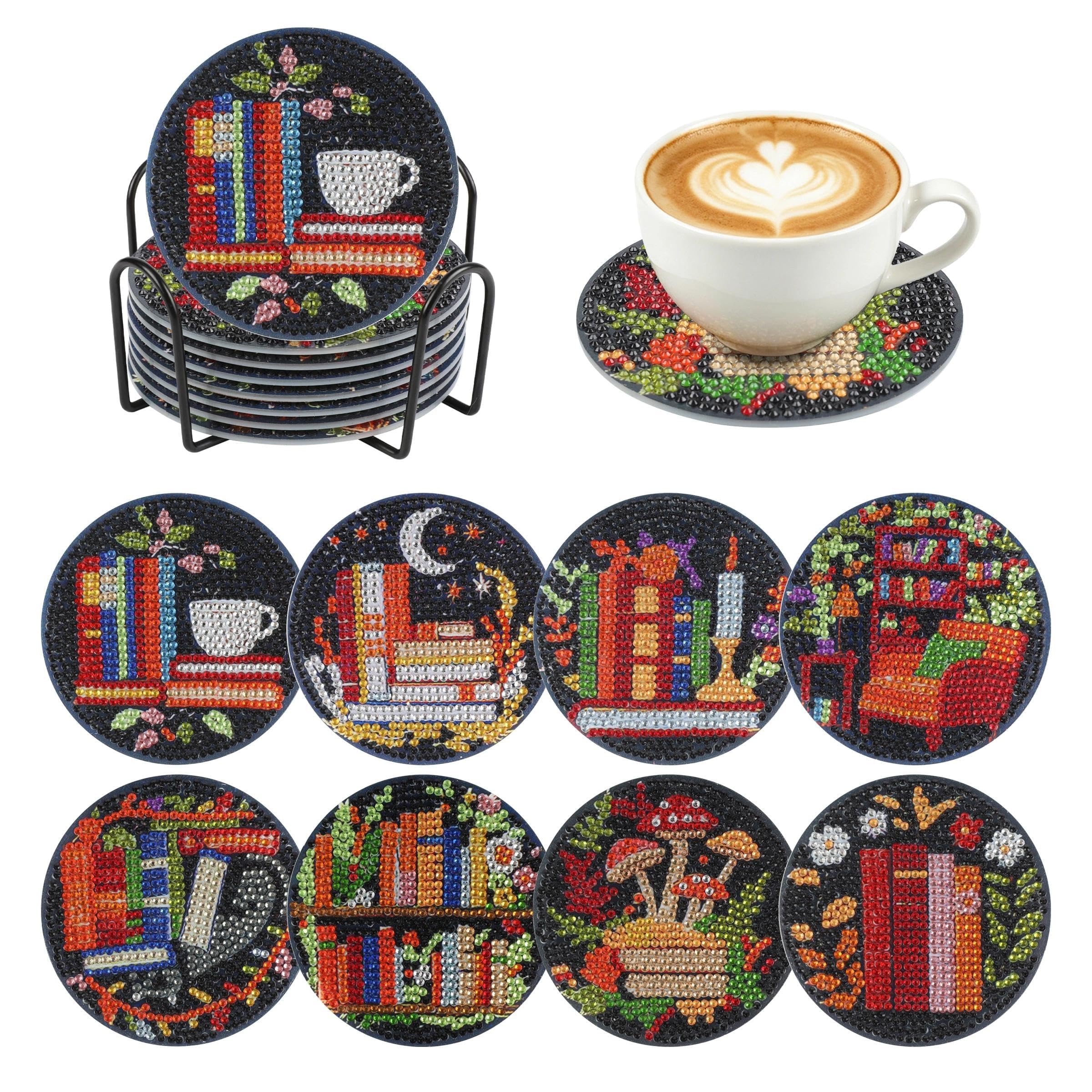 ZHABAYEN 8 Pcs Bookshelf Diamond Art Coasters Kits, DIY Small Diamond Painting Coasters with Holder, Full Drill Diamonds Art and Crafts for Adults Gift