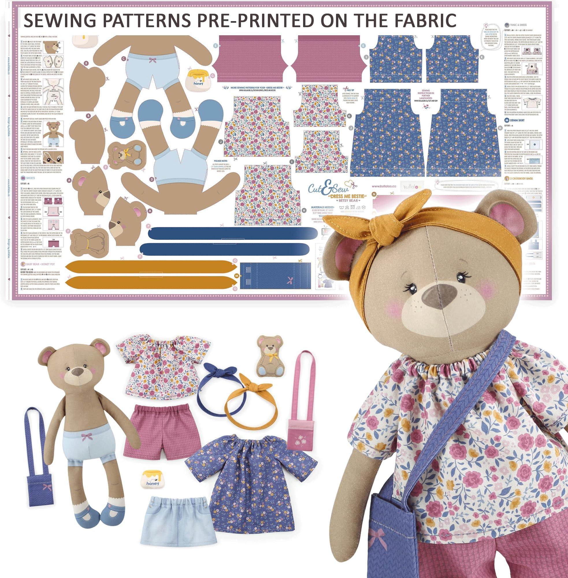 kullaloo Doll Sewing kit for Intermediate Skills ✦ with Video Instructions ✦ Cut & Sew Fabric Panel Doll with Clothes: Dress Me Bestie Betsy Bear