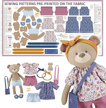 kullaloo - Sewing Kit for Kids & Beginners - Cut & Sew Fabric Panel – Sewing Patterns Pre-Printed on the Fabric - DIY Rag Doll Kit with Clothes - Betsy Bear Sewing Project - Incl. Video Instructions