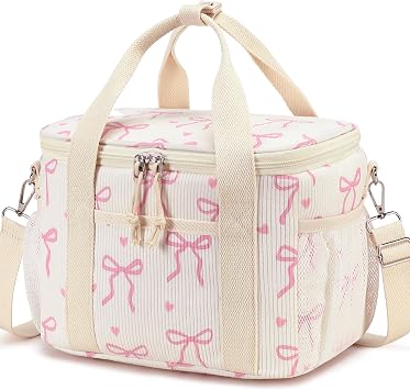 LOIDOU Lunch Box for Women Men Insulated Corduroy Lunch Bag Cooler Leakproof Reusable Adult Lunchbox Adjustable Strap lunch tote for Work Office Beach Picnic Beige Bow