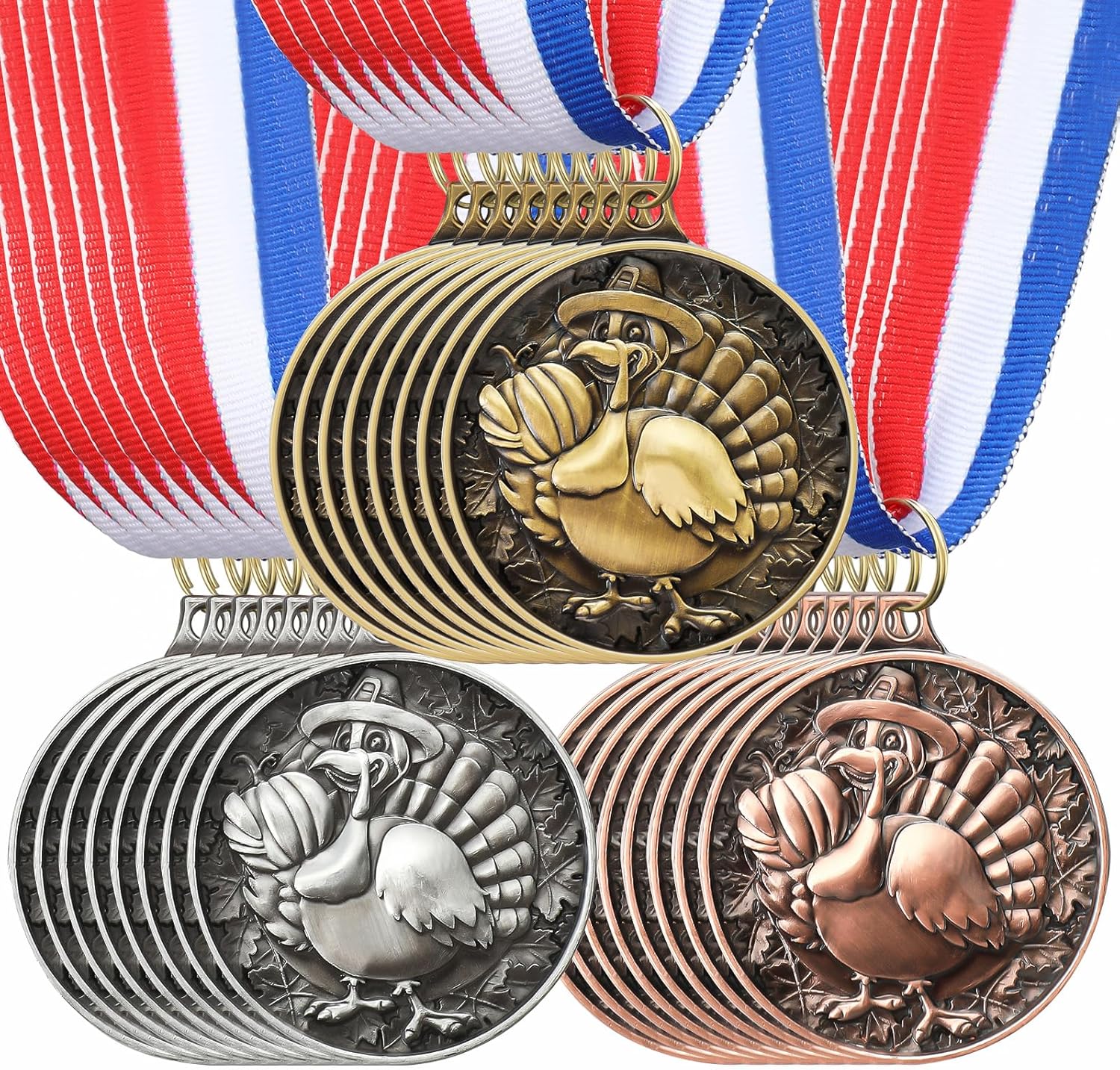 5/9/24 Pcs Thanksgiving Turkey Medals with Neck Ribbons 2 Inch Turkey Trot Awards for Thanksgiving Prizes Medals Fall Holiday Party Supply