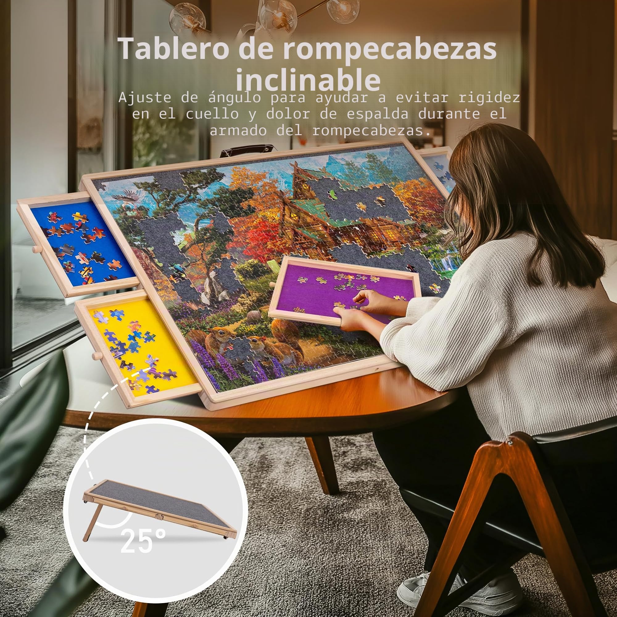 Lavievert Tabla de rompecabezas giratoria de 1000 piezas con 4 cajones de clasificación, mesa de rompecabezas inclinable con cubierta, meseta de rompecabezas de madera con tablero antideslizante para
