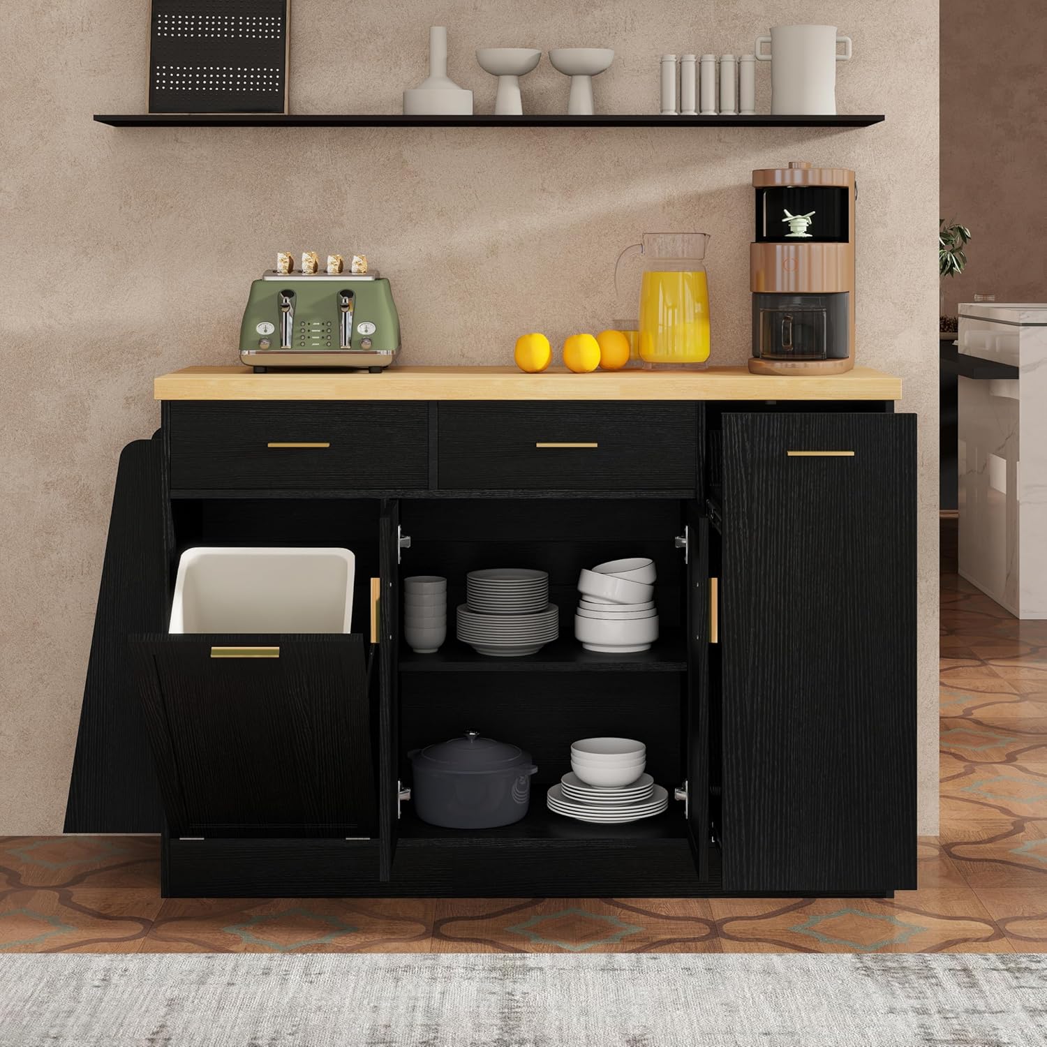 Merax Two-Tone Kitchen Sideboard with Hidden Trash Cabinet, Kitchen Island Table with Wood Grain Countertop, Sliding Door Cabinet & 3-Tier Spice Rack, 2 Drawers and Double Door Storage, Black