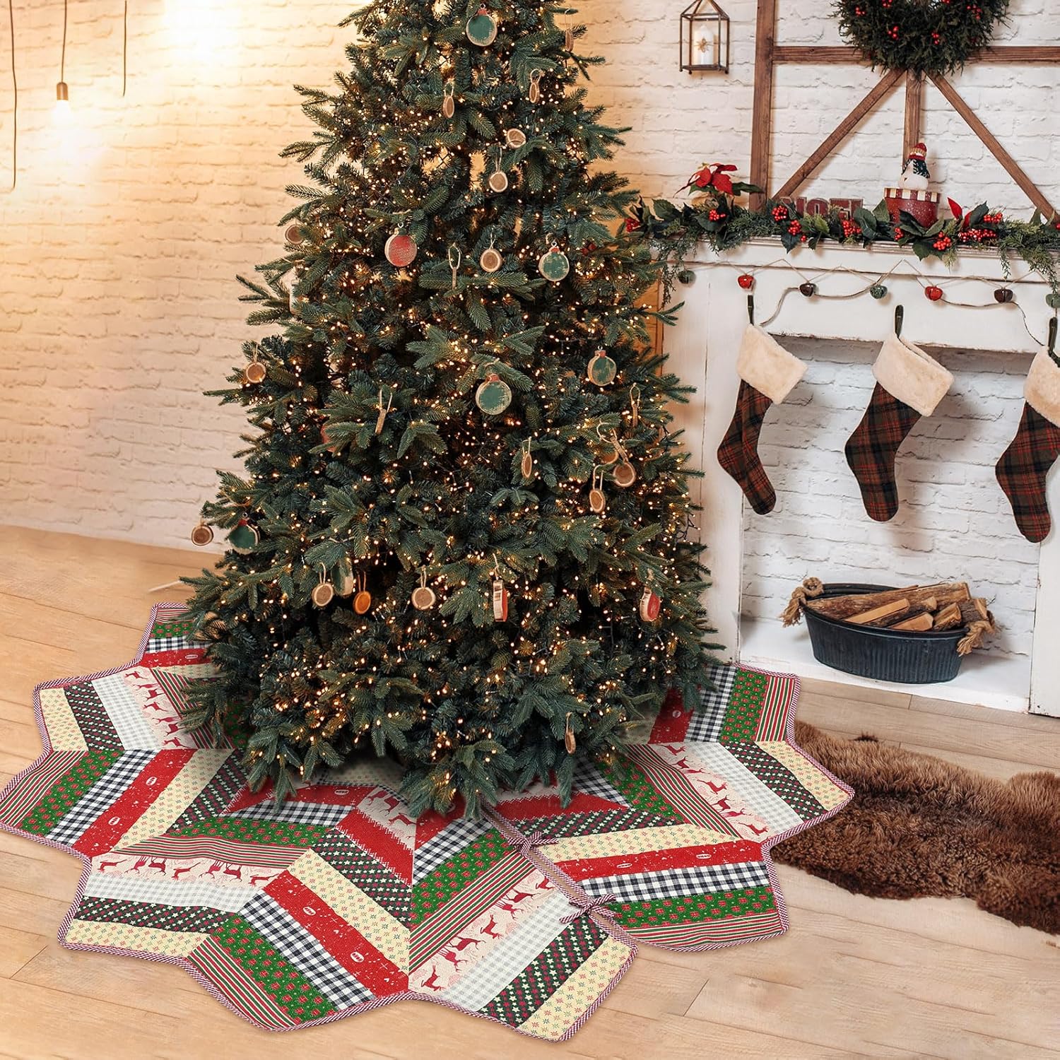 48" Primitive Quilted Pattern Farmhouse Christmas Tree Skirt Quilted Vintage Homespun Pattern Linen Christmas Tree Skirt Patchwork Rustic Xmas Home Decor(Geometric Star Patchwork)