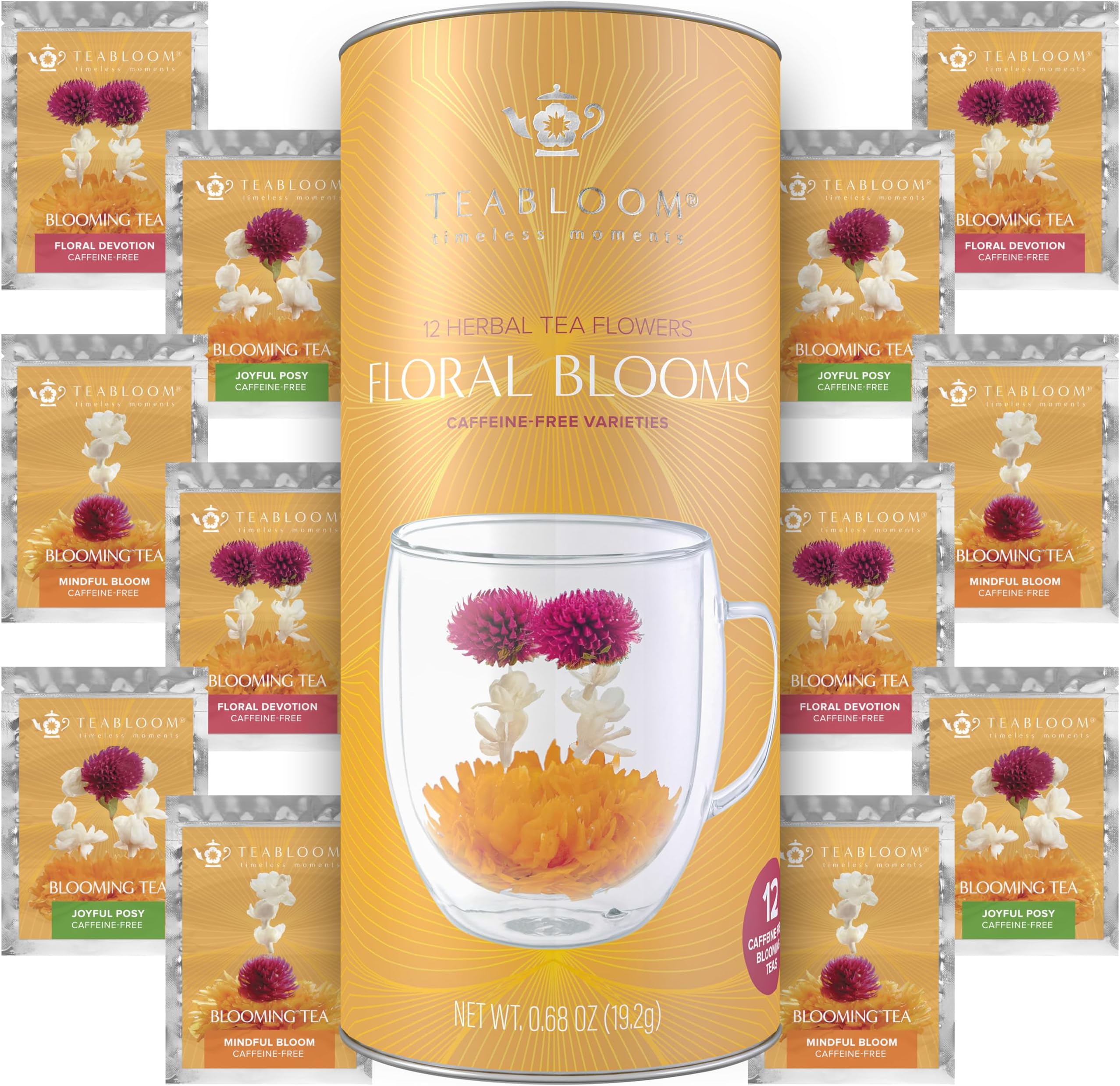 Teabloom Caffeine-Free Petite Blooming Teas - Gift Canister of 12 Assorted Flowering Teas - Ideal with Teabloom Borosilicate Glass Cups or Smaller Teapots